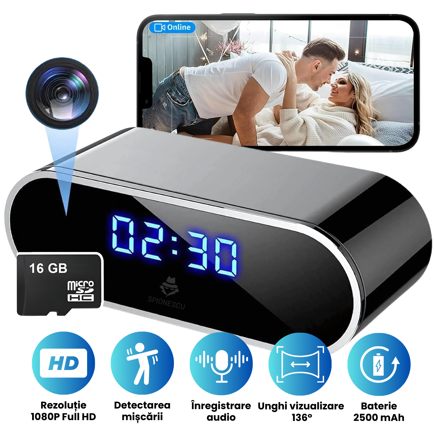 Ceas cu camera ascunsa audio-video, WiFi, HD, detectarea miscarii pe iOS, night vision
