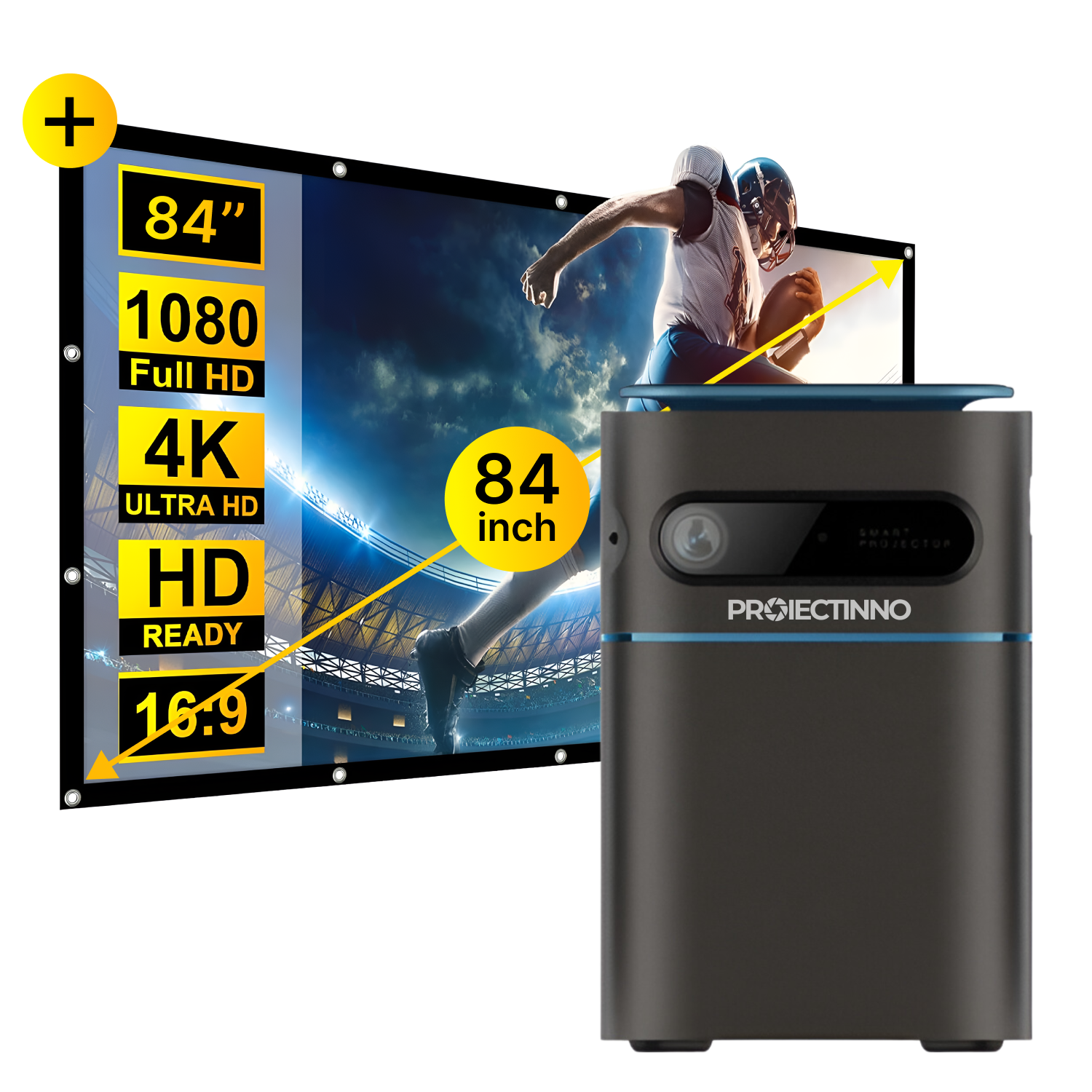 Mini videoproiector portabil DLP P22 4K 3D si ecran de proiectie, 350ANSI lumeni, WIFI 5G, LCD, Android 9.0, 2GB RAM+16GB ROM, corectie trapezoidala, Bluetooth, sunet HIFI, autonomie 7 ore, portabil, negru