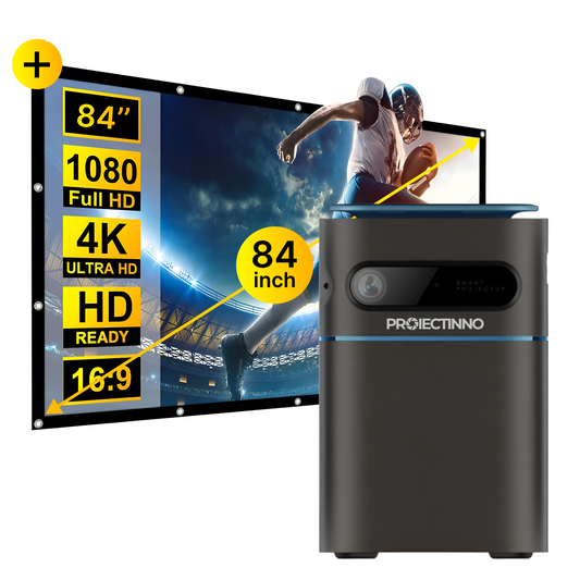 Mini videoproiector portabil DLP P22 4K 3D si ecran de proiectie, 350ANSI lumeni, WIFI 5G, LCD, Android 9.0, 2GB RAM+16GB ROM, corectie trapezoidala, Bluetooth, sunet HIFI, autonomie 7 ore, portabil, negru
