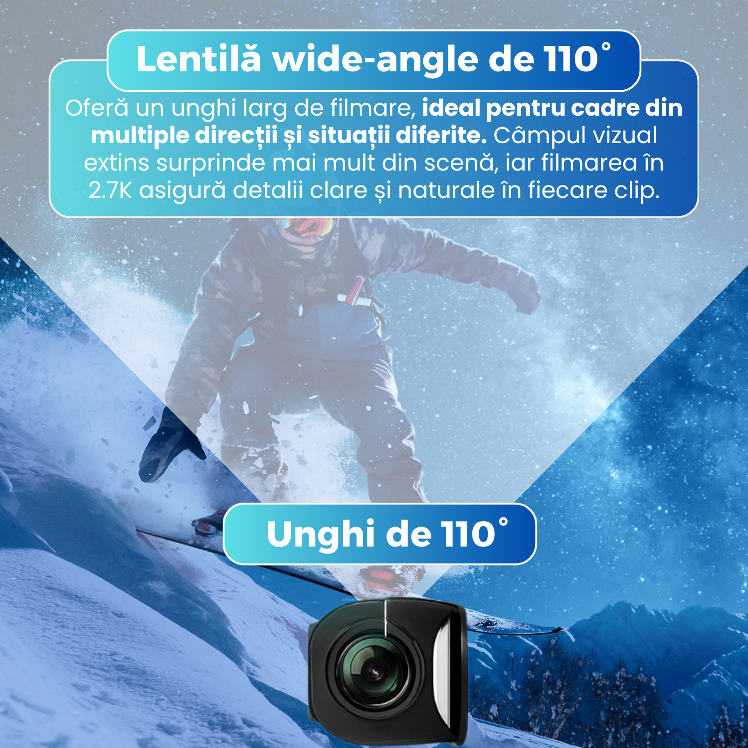 Ochelari cu camera FPV 2.7K, S110, ecran IPS, lentila wide-angle 110°, fotografiere 12MP, hotspot WiFi, structura ultra-usoara 21 g, autonomie 1 ora, inregistrare in bucla