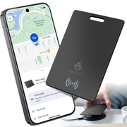 Tracker pentru portofel tip card, Bluetooth, compatibil Find My Device, incarcare wireless, alerta anti-pierdere, sunet 80-100 dB, autonomie 5 luni, IP68, design slim pentru portofel, negru