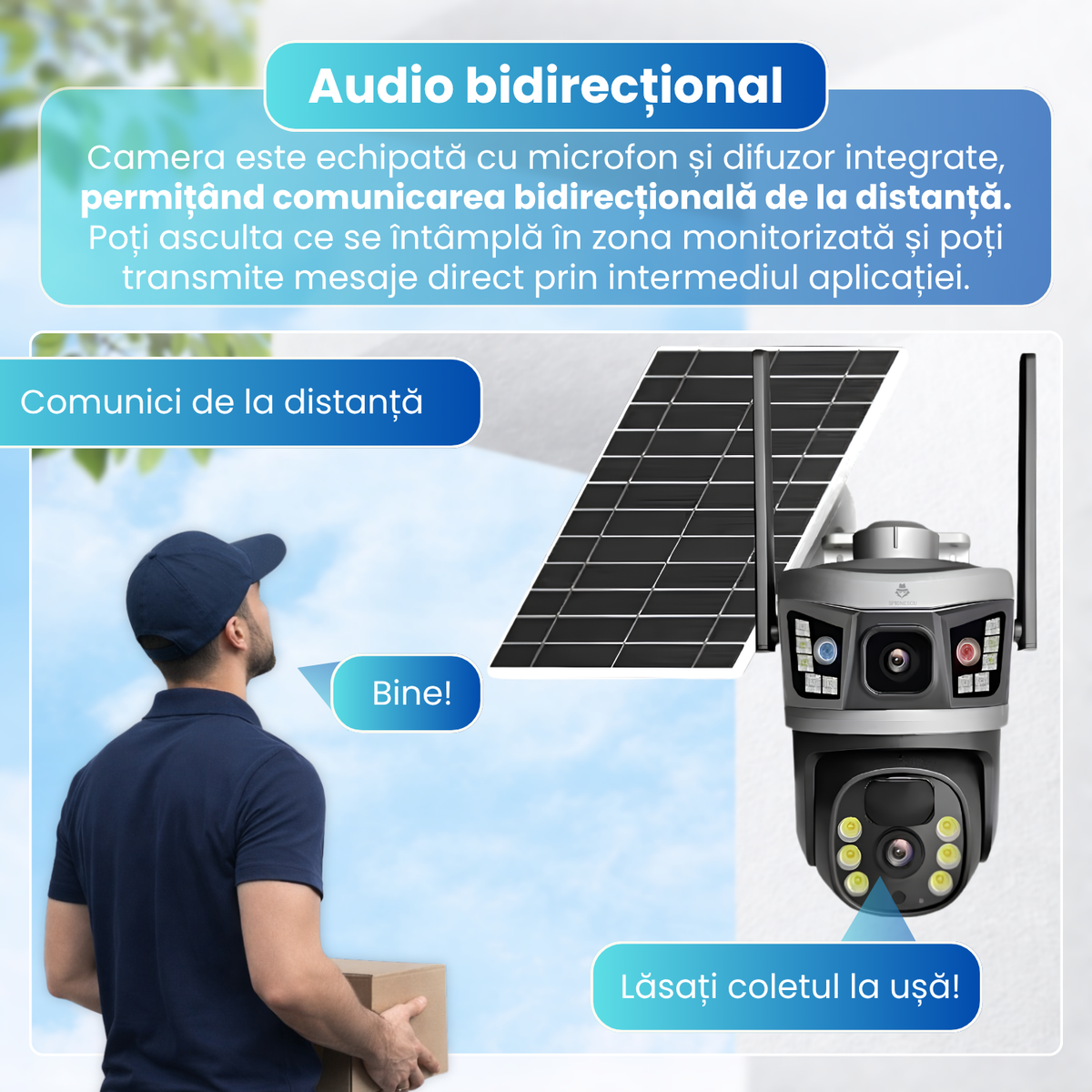 Camera de supraveghere exterior 4G, Dual Lens 6MP, panou solar, baterie 8000mAh, PTZ 355°, detectare persoane, vedere nocturna color, audio bidirectional, negru