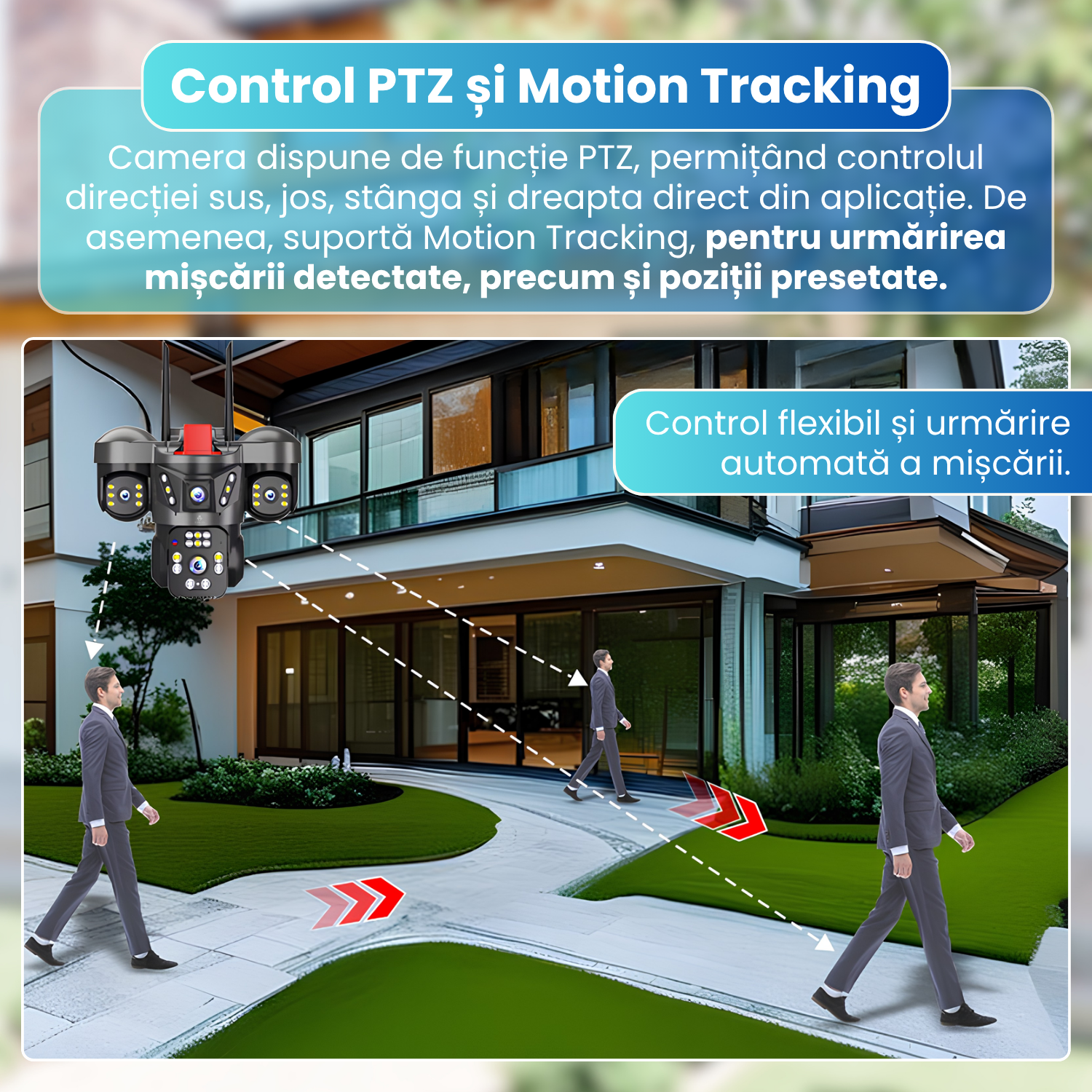 Camera de supraveghere exterior 4G, 3 lentile 12MP, 3 ecrane, AOV 24/7, PTZ, Motion Tracking, detectare AI persoane, vedere nocturna Full Color pana la 15 m, audio bidirectional, panou solar 8W, baterie 8000mAh, negru