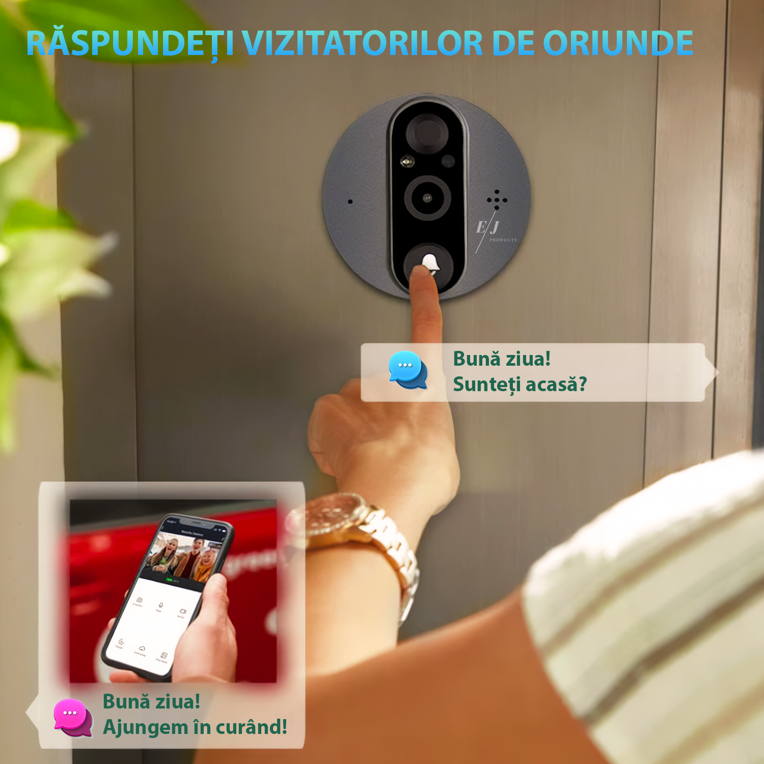 Sonerie video, WiFi, ecran LCD 4,3" , 1080P, baterie 5000mAh, unghi de vizualizare 120º, night vision, notificari in timp real, senzor miscare, comunicare bidirectionala