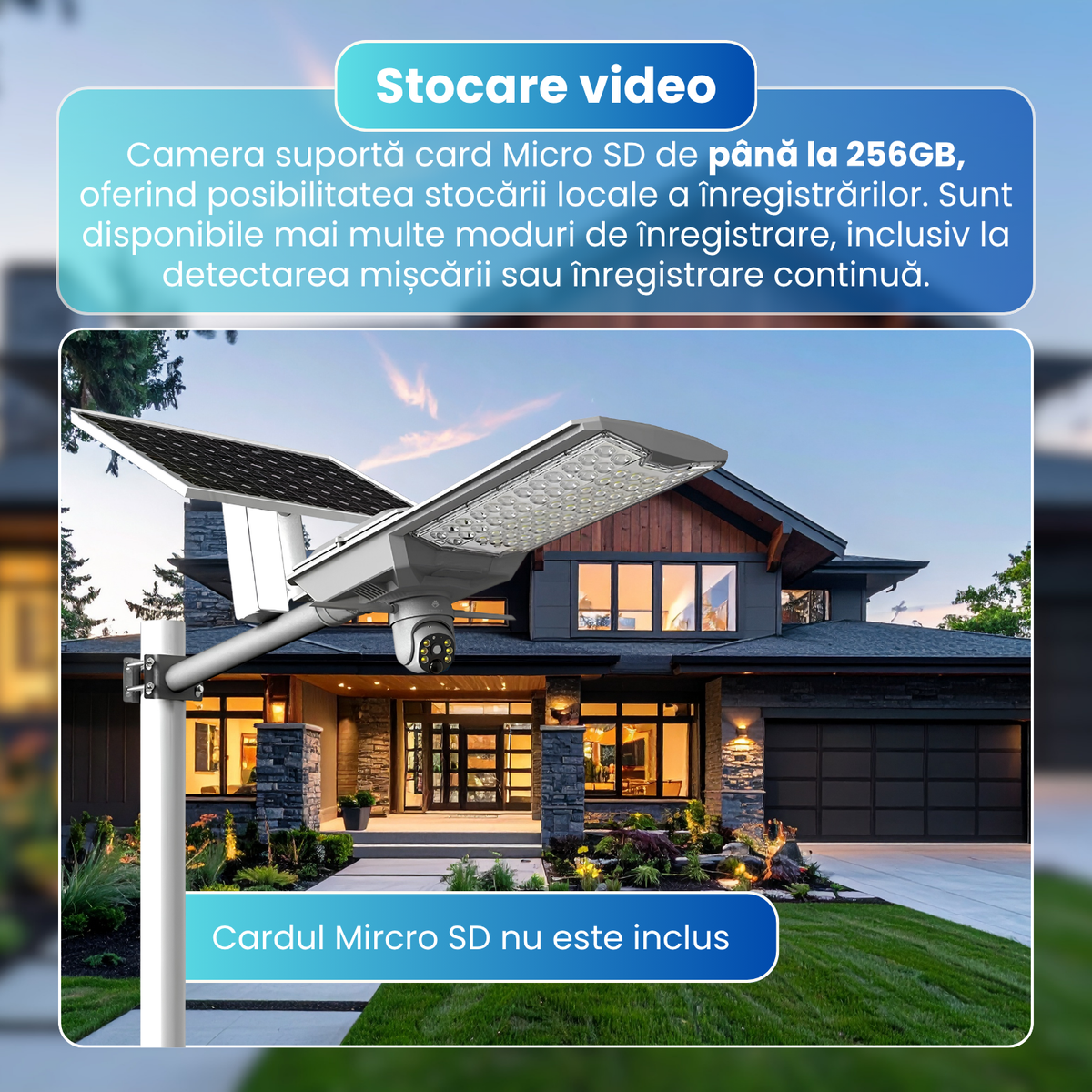 Lampa stradala LED cu camera supraveghere 4G, 4MP, PTZ 340°, urmarire automata, panou solar monocristalin 42W, baterie 42Ah, 78 LED-uri 5054, senzor PIR, vedere nocturna color si IR, audio bidirectional, IP65, gri