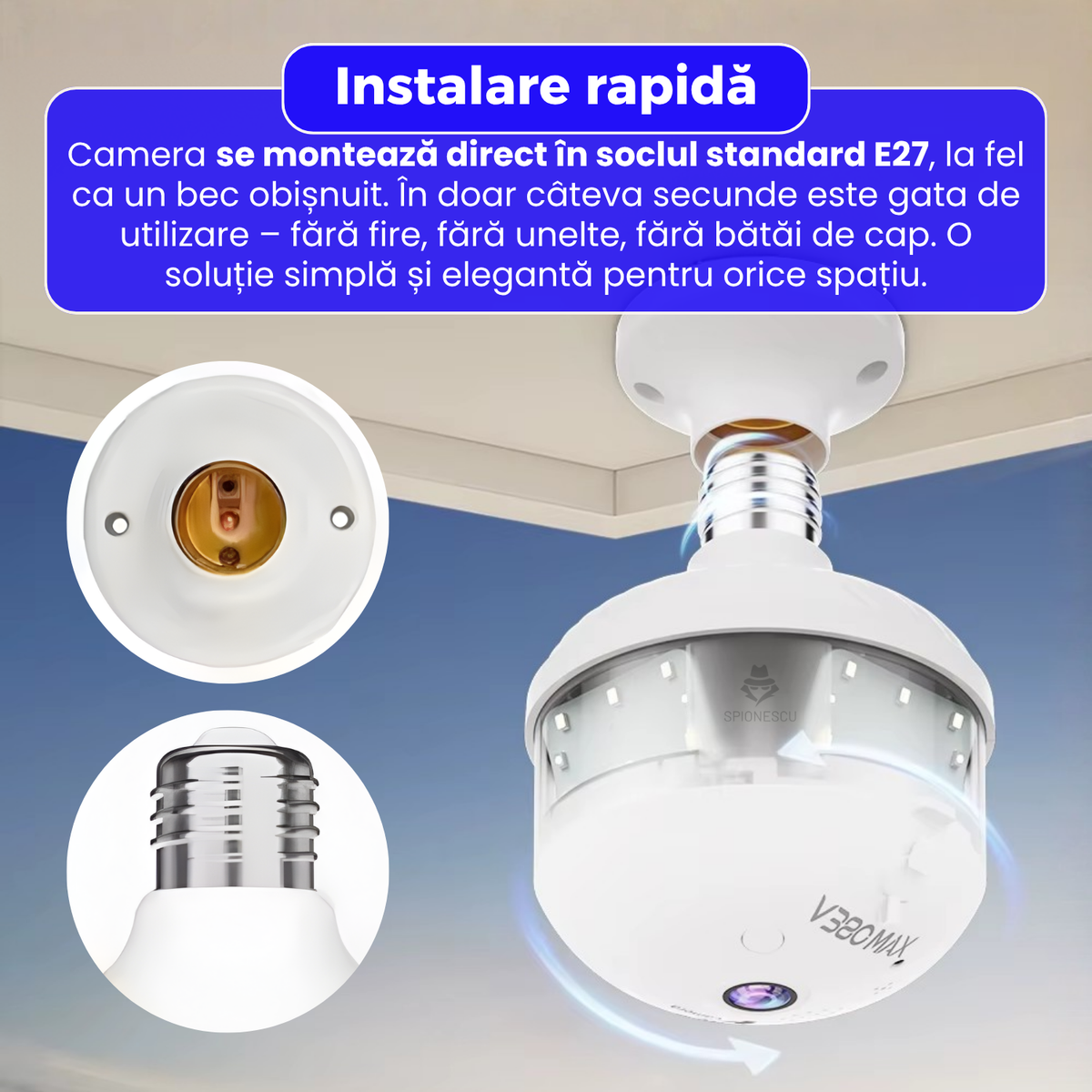 Camera Bec Camera de supraveghere tip bec, D8, WiFi, 360°, rezolutie 3MP, viziune ...