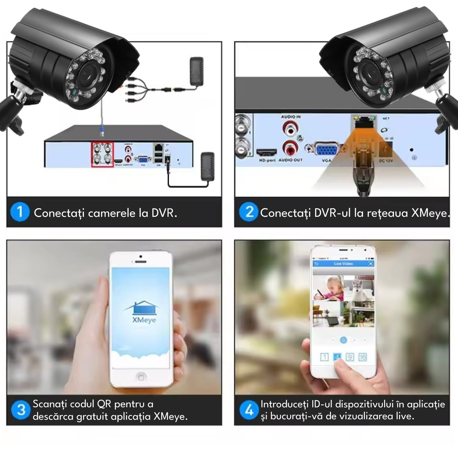 Kit supraveghere video exterior, 8 camere, 2MP, vedere nocturna IR, DVR cu 4 canale, Full HD, IP66, detector de miscare