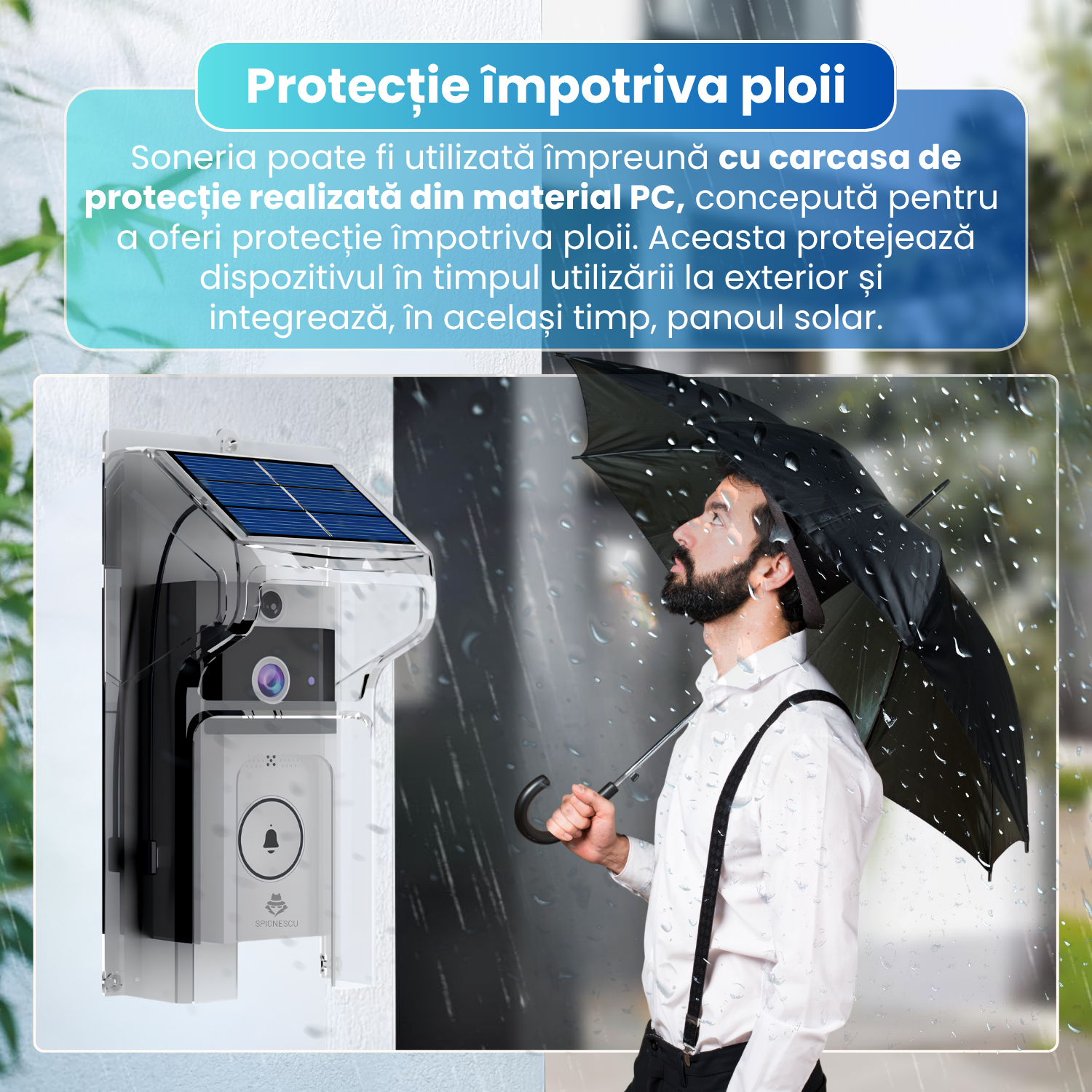 Sonerie video inteligenta wireless, camera HD 1MP, interfon video color, notificari in timp real, audio bidirectional, incarcare solara 0.55W, baterie 3600mA, protectie la ploaie, Chime inclus, alb