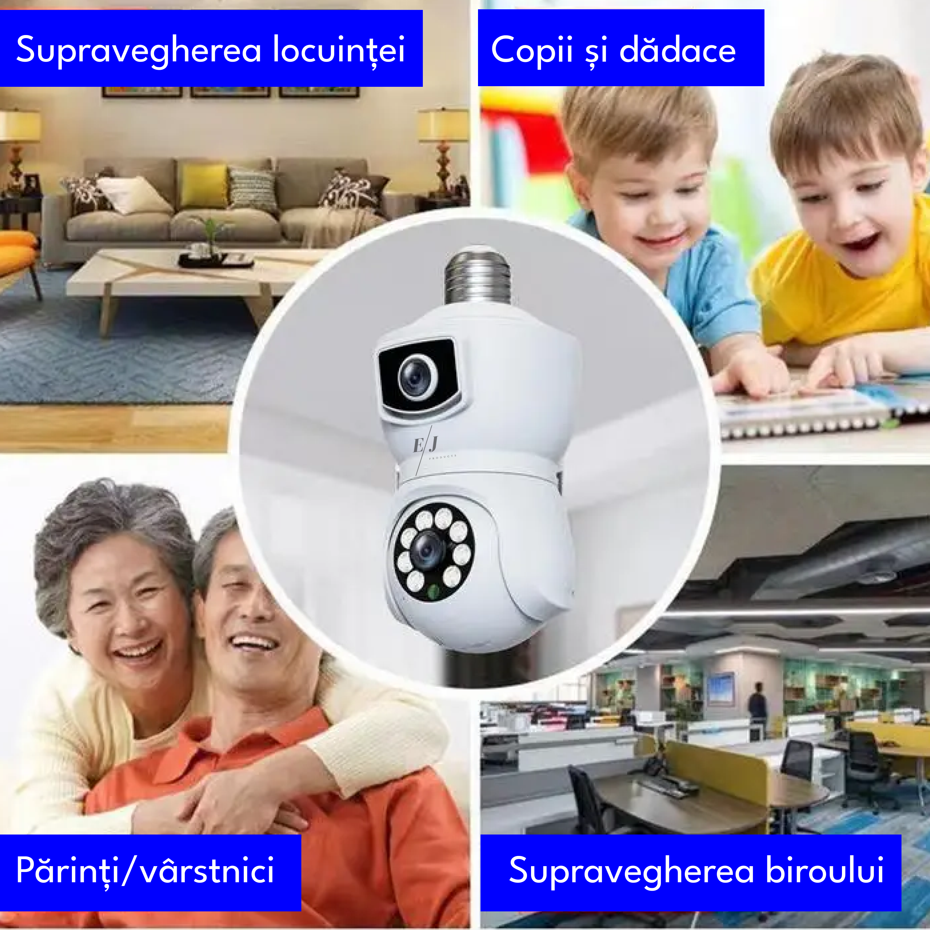 Camera de supraveghere dubla tip bec, E9, V380 PRO,  4MP, 360° panoramic, 1080P, port microSD, detectare a miscarii, alarma, vedere nocturna, PTZ, WiFi, alb