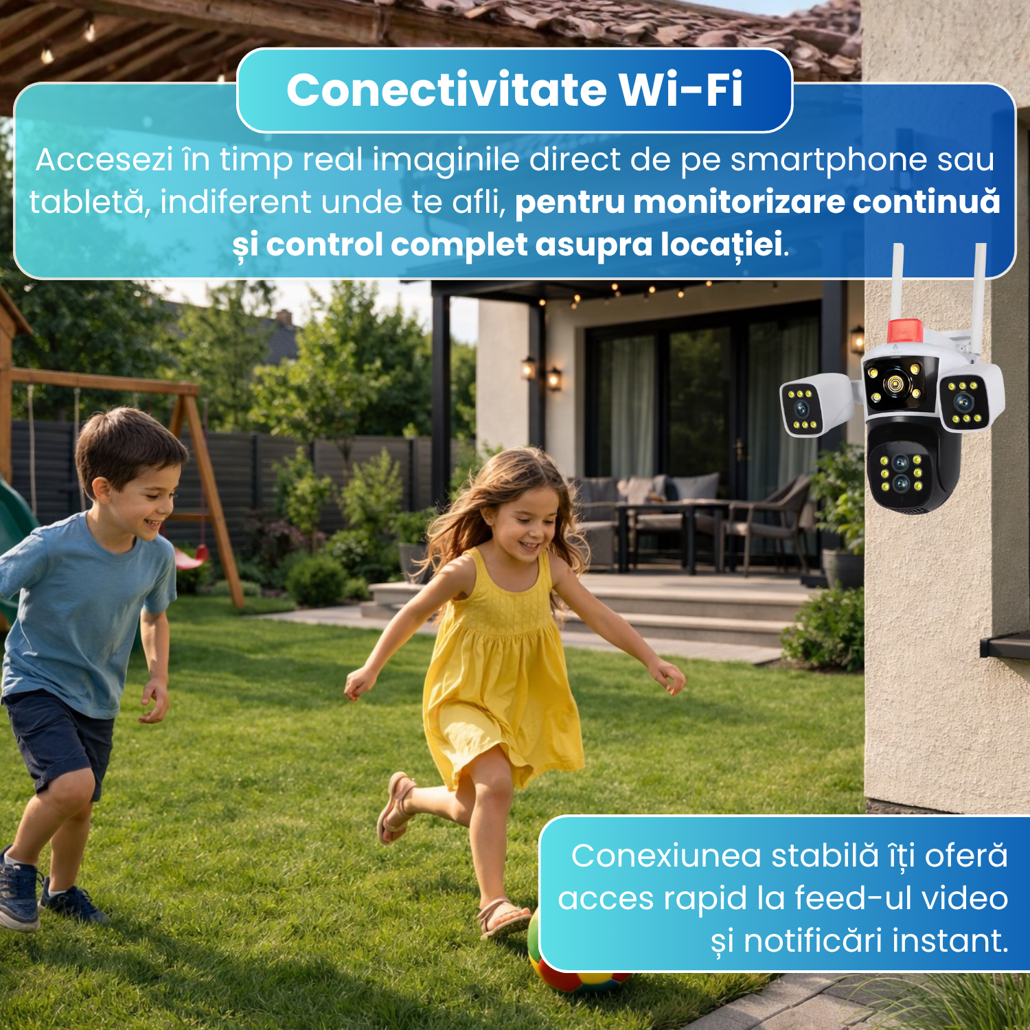 Camera de supraveghere WiFi cu 3 lentile, P8,  rotatie panoramica, vedere nocturna IR, detectie misc