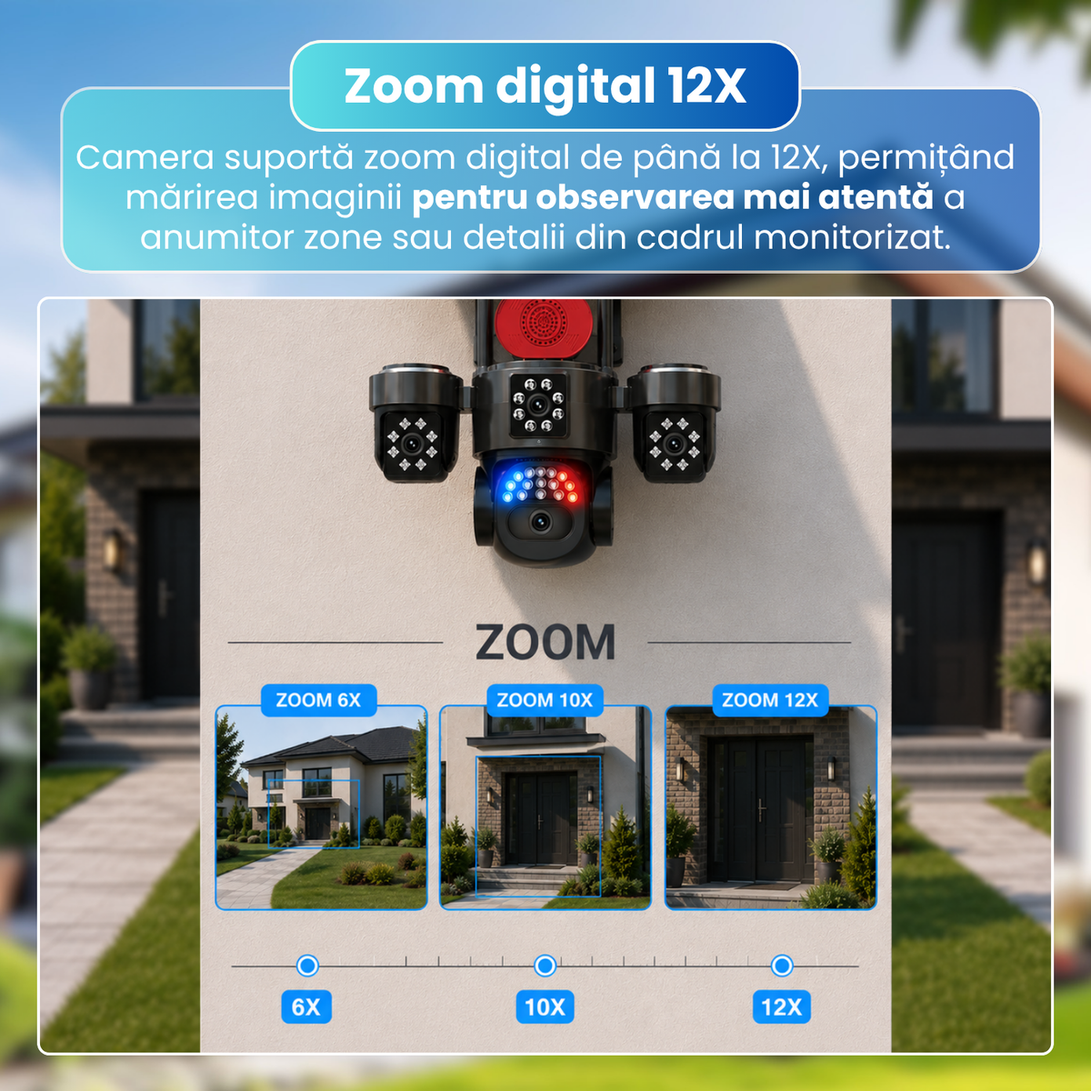 Camera de supraveghere exterior 4G, 4 lentile 20MP, AOV 24/24, PTZ, zoom digital 12X, detectare AI persoane, Motion Tracking, vedere nocturna 4 moduri, alarma luminoasa si sonora, panou solar 15W, baterie 12000mAh, audio bidirectional, negru