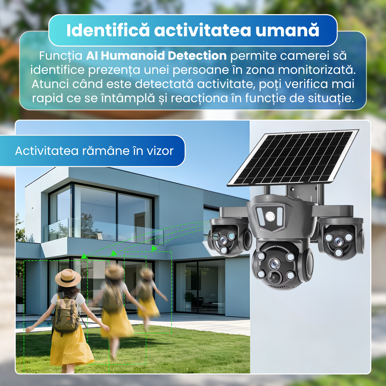 Camera de supraveghere exterior 4G, 3 lentile 6MP, 3 ecrane, PTZ 270°, detectare AI persoane, Motion Tracking, vedere nocturna color, panou solar 8W, baterie 8000mAh, audio bidirectional, negru