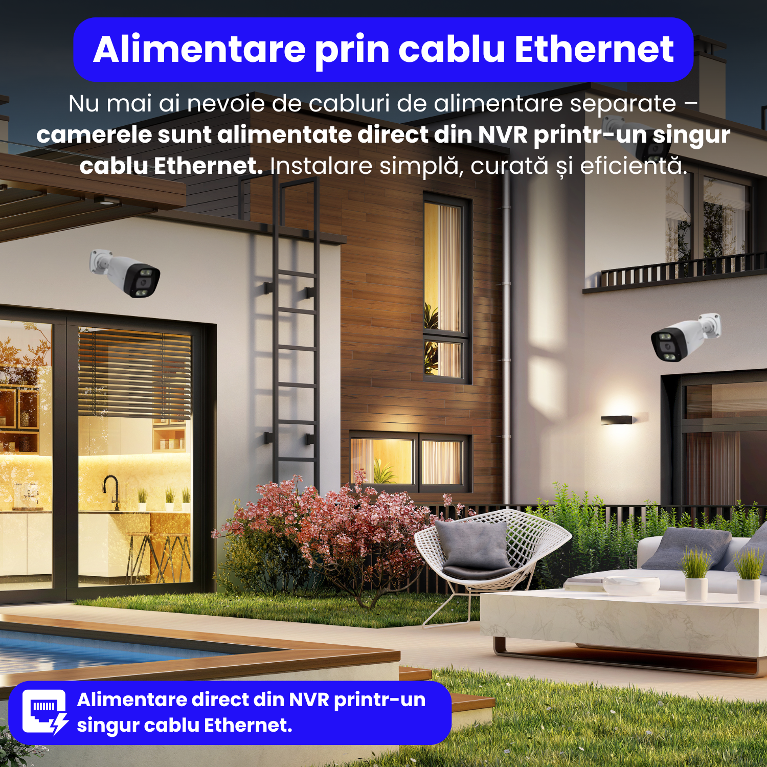 Kit complet supraveghere 4K cu DVR si 4 camere exterior, PK-8HB718, detectare faciala AI, audio bidirectional, vedere color noaptea, pana la 30m, PoE, IP66, alb