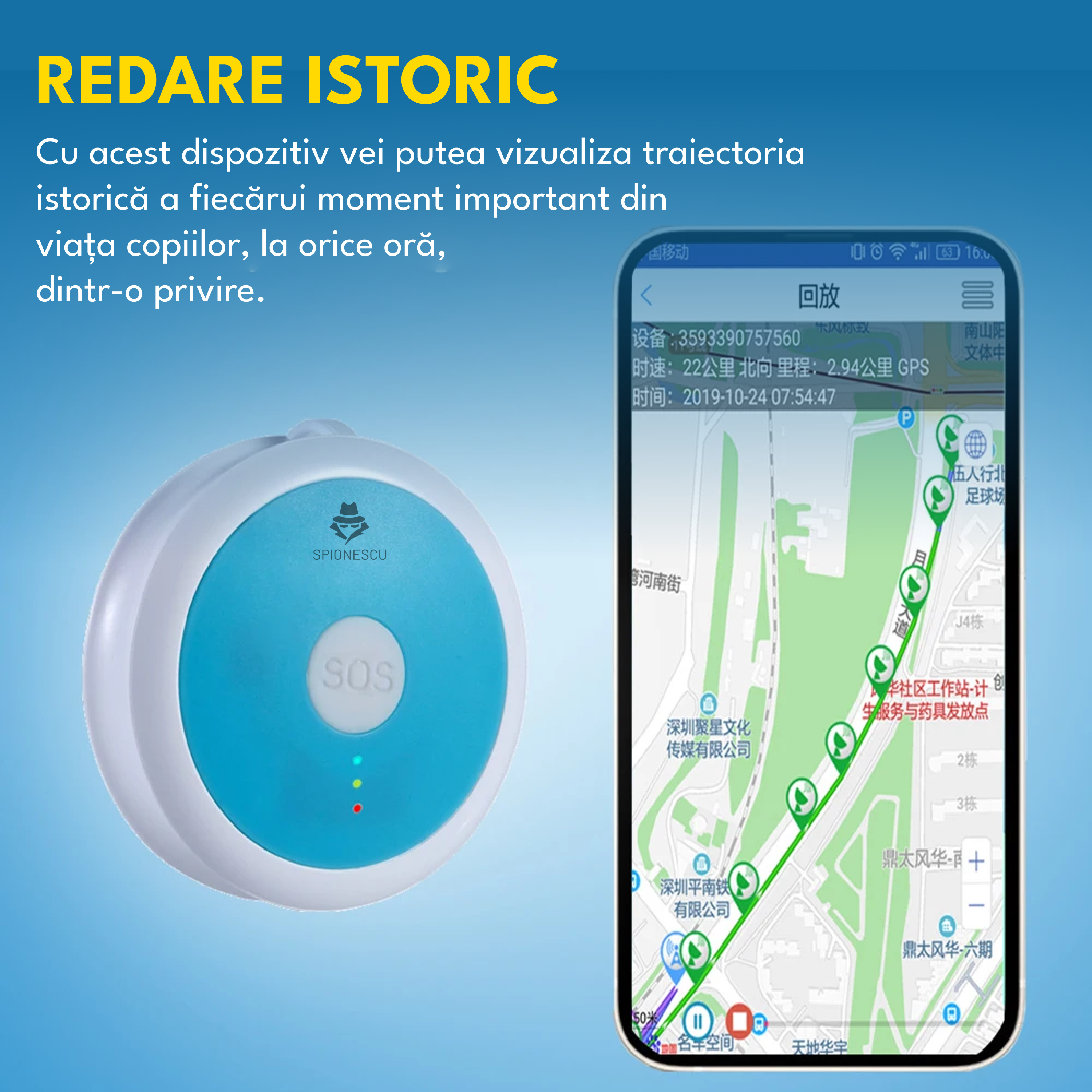 Dispozitiv de monitorizare si localizare in timp real, G53, pentru copii si batrani, 4G,  baterie 750mAh, buton SOS, incarcare magnetica, redare istoric, perimetru de siguranta, rezistent la apa IP67