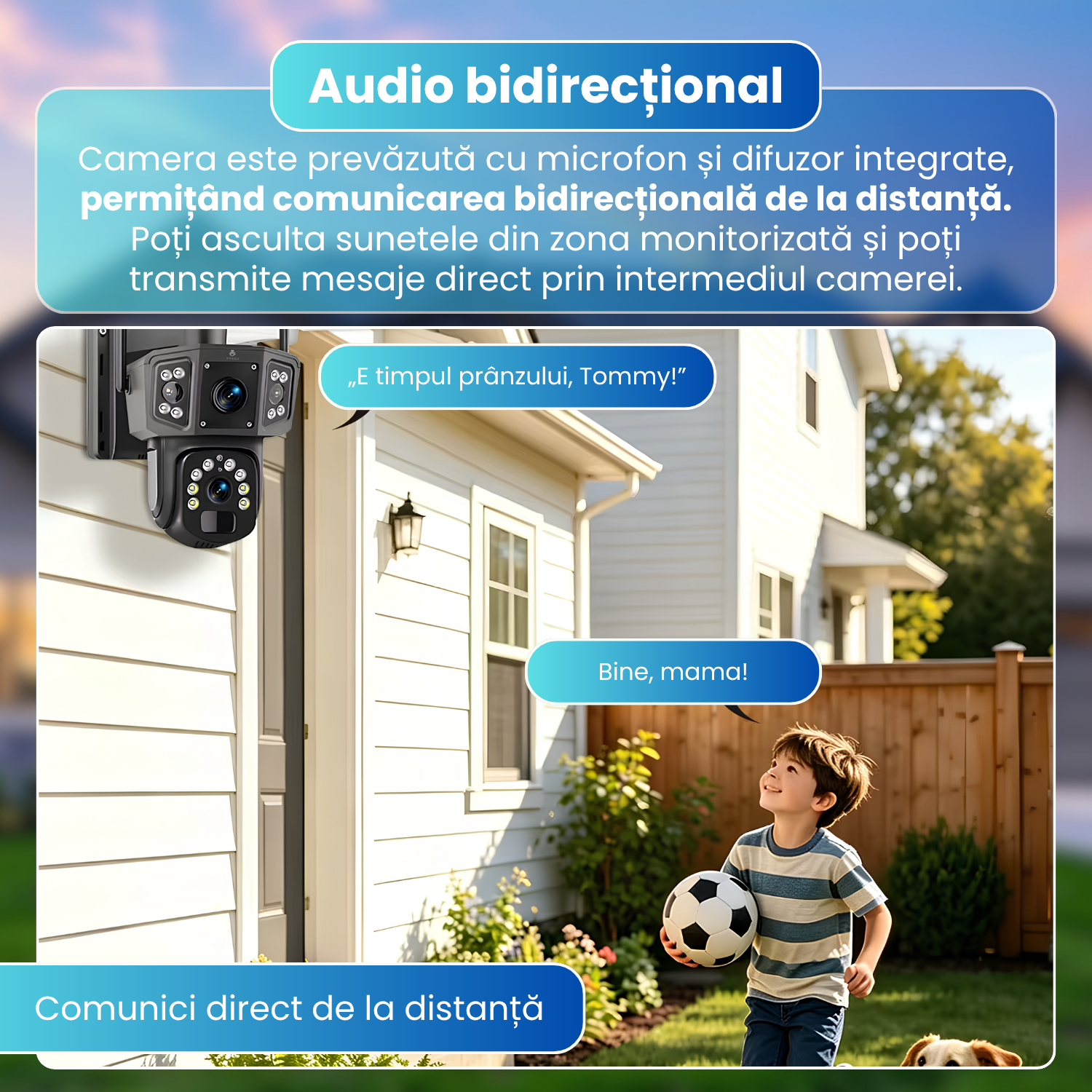 Camera de supraveghere exterior 4G cu panou solar, 6MP Dual Lens, PTZ 355°, detectare PIR persoane, vedere nocturna color, audio bidirectional, baterie 8000mAh, IP66, negru
