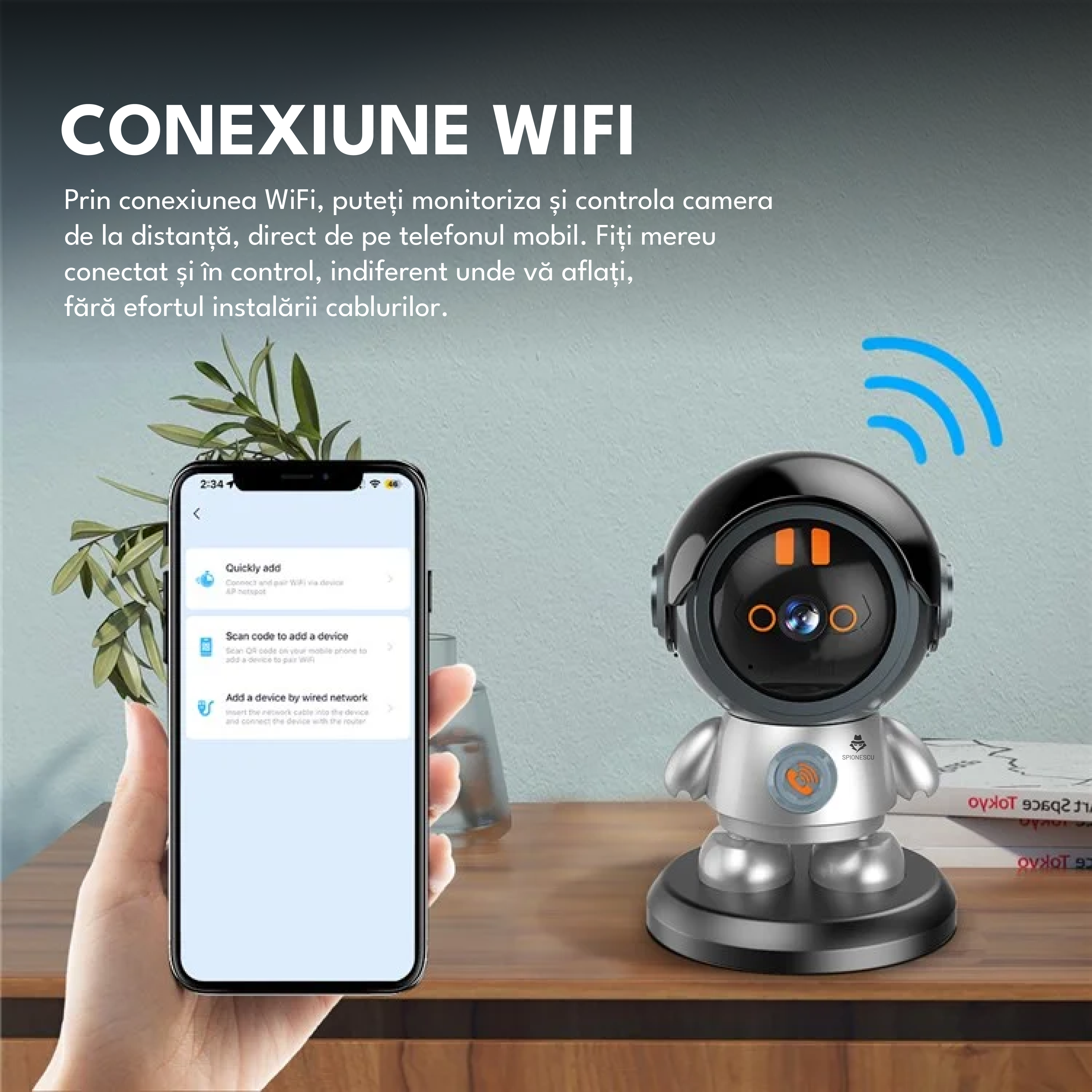 Camera de supraveghere tip robot 2 MP, functie baby monitor, MP3, rotire 360 grade, Full HD 1080P, Wi-Fi, mod noapte, urmarire automata, vorbire birectionala, stocare in cloud