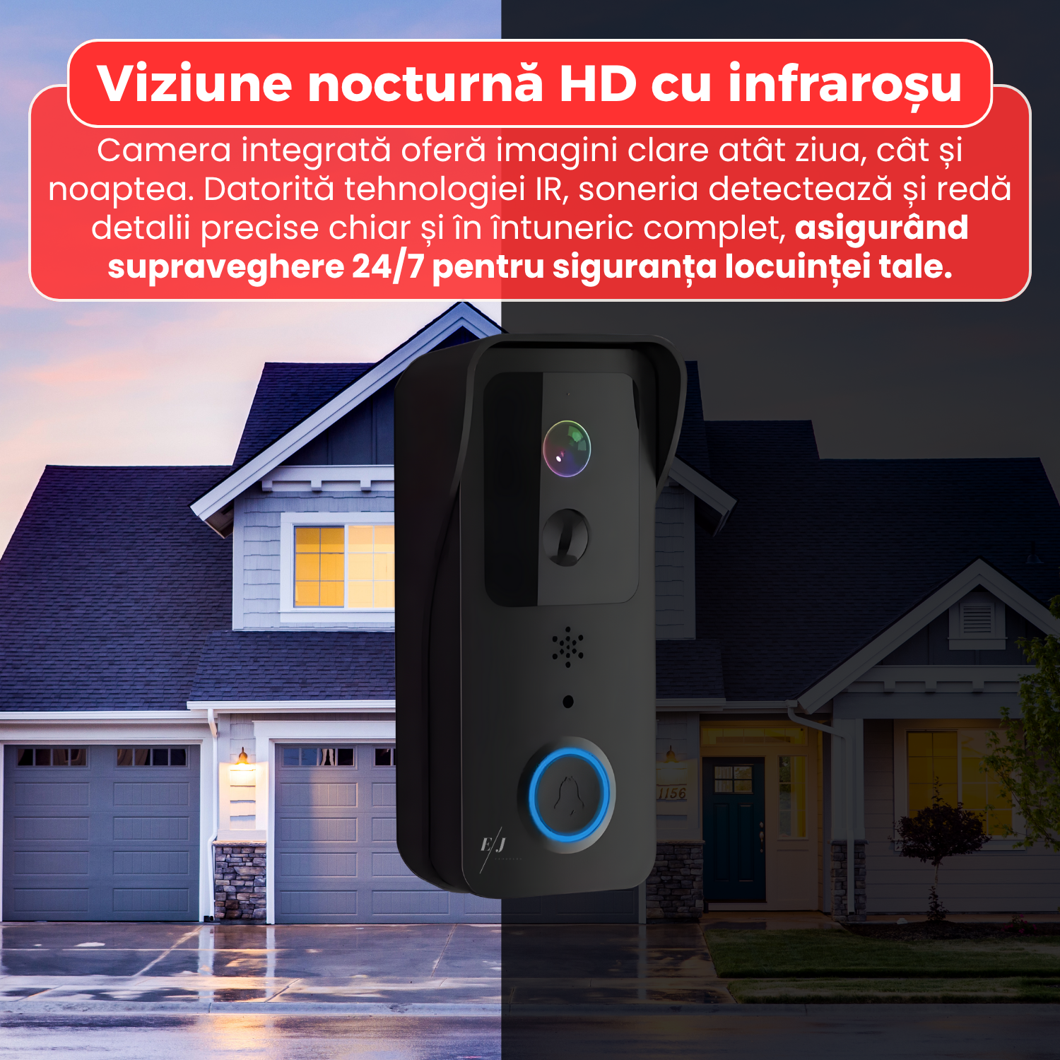 Sonerie video inteligenta WiFi 2.4G/5G, rezistenta la apa IP65, camera HD cu viziune nocturna IR, unghi 166°, detectie miscare PIR, audio bidirectional, compatibila cu aplicatia Tuya Smart, baterie 5200 mAh, negru