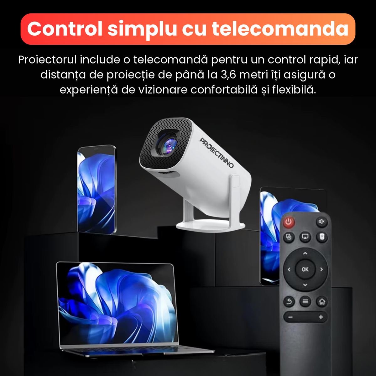 Videoproiector inteligent P30, consola gaming inclusa, HD 1280x720 (suport semnal 4K), WiFi 6, Bluetooth 5.0, Android TV 11.0, corectie Keystone manuala, difuzor 5W, telecomanda, 1GB RAM/8GB ROM, HDMI, USB, alb