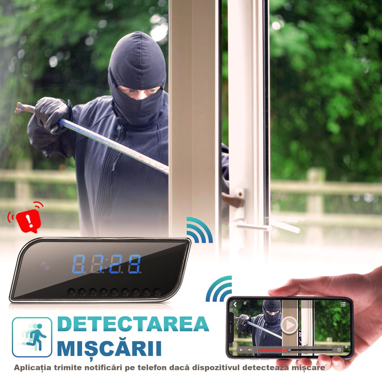 Set 2 ceasuri cu camera ascunsa WiFi, HD, night vision, unghi 160°, infrarosu si senzor de miscare