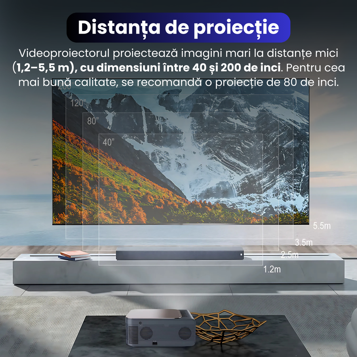 Videoproiector 3D, Full HD 1080p (suport semnal 4K), M8, Proiectinno, 16 GB, Android 9.0, Bluetooth 5.0, WiFi 2.4G/5G, audio Dolby, corectie trapezoidala, 400 ANSI, portabil, negru