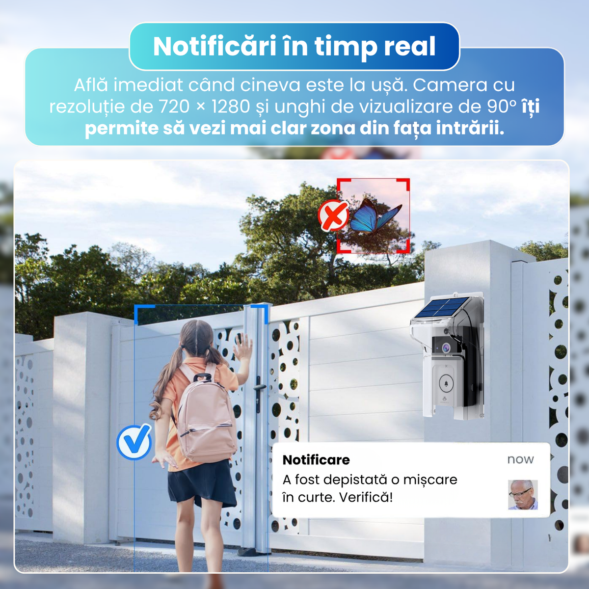 Sonerie video inteligenta wireless, camera HD 1MP, interfon video color, notificari in timp real, audio bidirectional, incarcare solara 0.55W, baterie 3600mA, protectie la ploaie, Chime inclus, alb