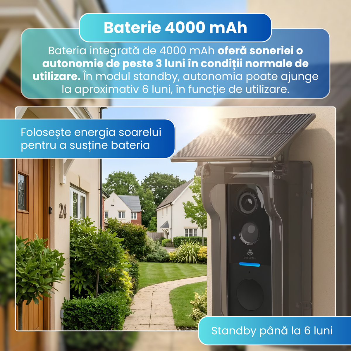 Sonerie video inteligenta wireless cu camera, 2MP, WiFi, Tuya, Full HD 720P, monitorizare live pe telefon, detectare miscare, vedere nocturna IR, interfon video, baterie 4000mAh, incarcare solara, IP65, Chime inclus, negru