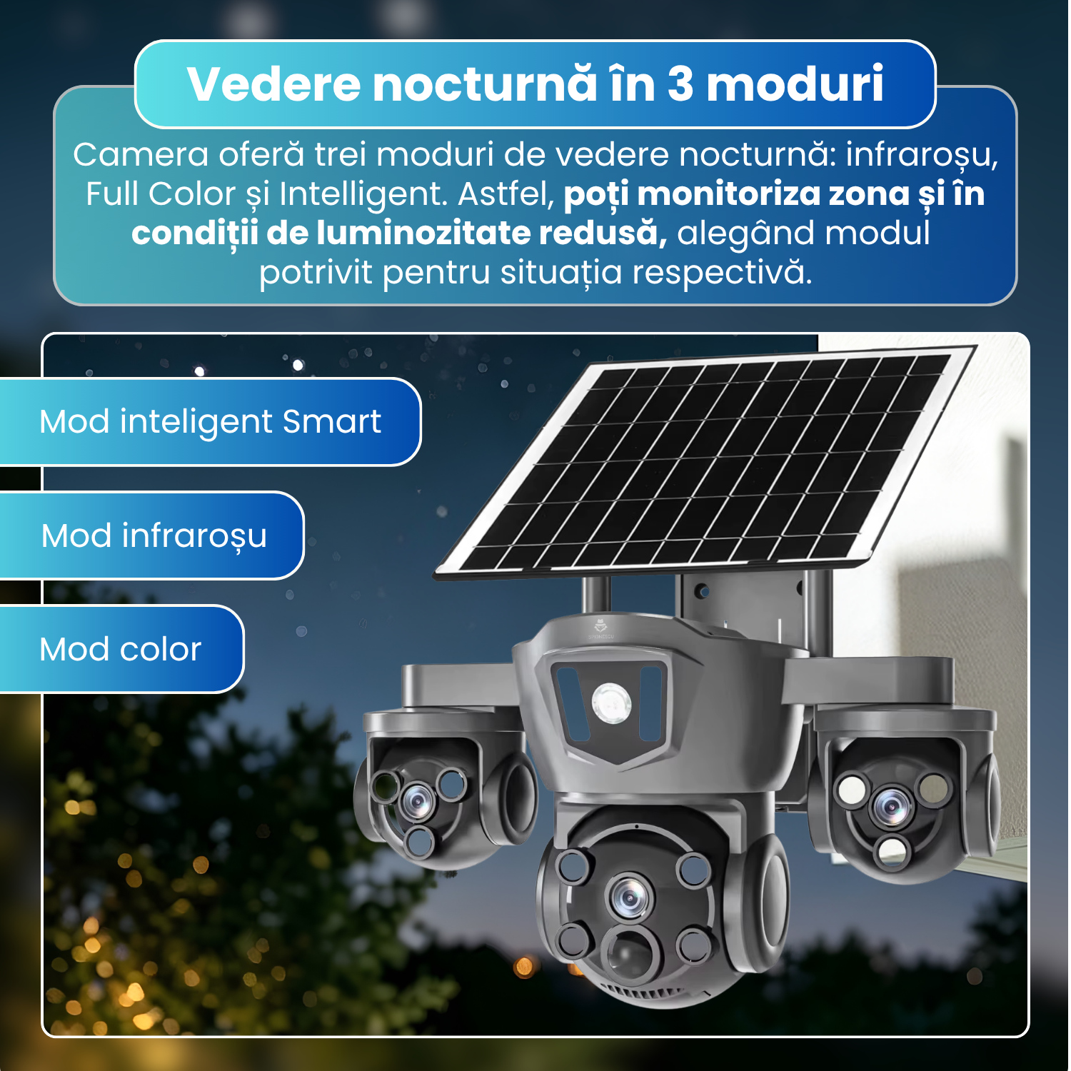 Camera de supraveghere exterior 4G, 3 lentile 6MP, 3 ecrane, PTZ 270°, detectare AI persoane, Motion Tracking, vedere nocturna color, panou solar 8W, baterie 8000mAh, audio bidirectional, negru