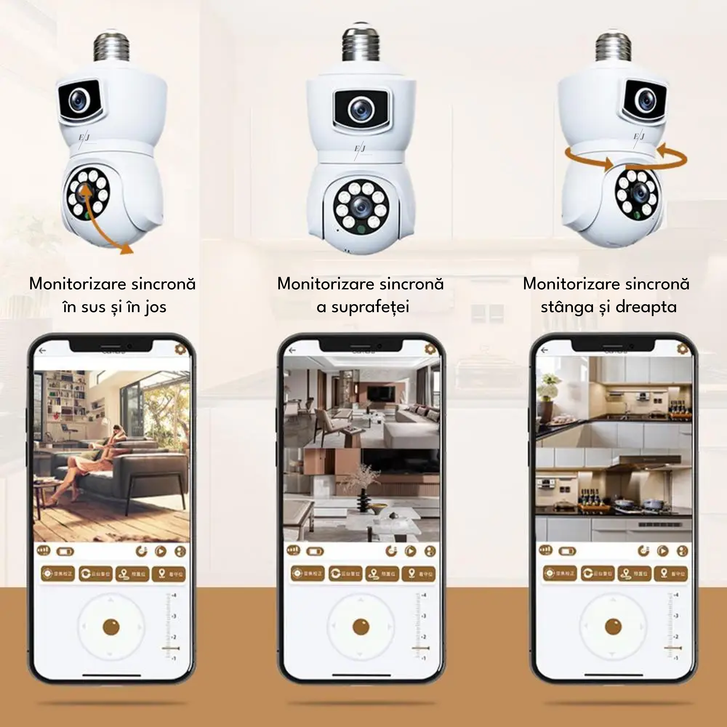 Camera de supraveghere dubla tip bec, E9, V380 PRO,  4MP, 360° panoramic, 1080P, port microSD, detectare a miscarii, alarma, vedere nocturna, PTZ, WiFi, alb