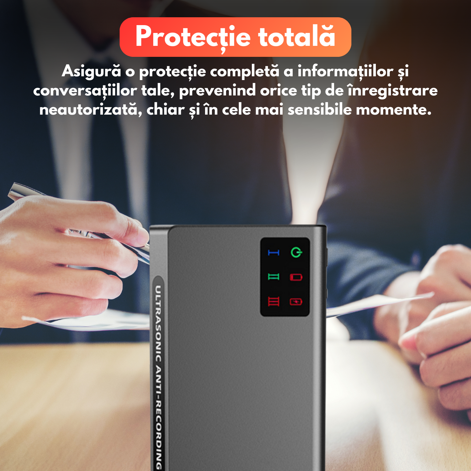 Dispozitiv anti-inregistrare, tehnologie ultrasunete avansata, distorsionare sunete, autonomie 180 min, baterie 4000mAh, protectie 270°, control wireless pana la 50m