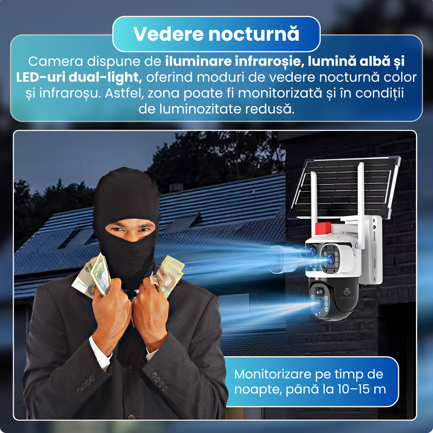 Camera supraveghere exterior 4G cu panou solar, 6MP, 3 lentile, PTZ 340°, detectare PIR, urmarire automata, vedere nocturna color si IR, audio bidirectional, baterie 8000mAh, IP65, alb