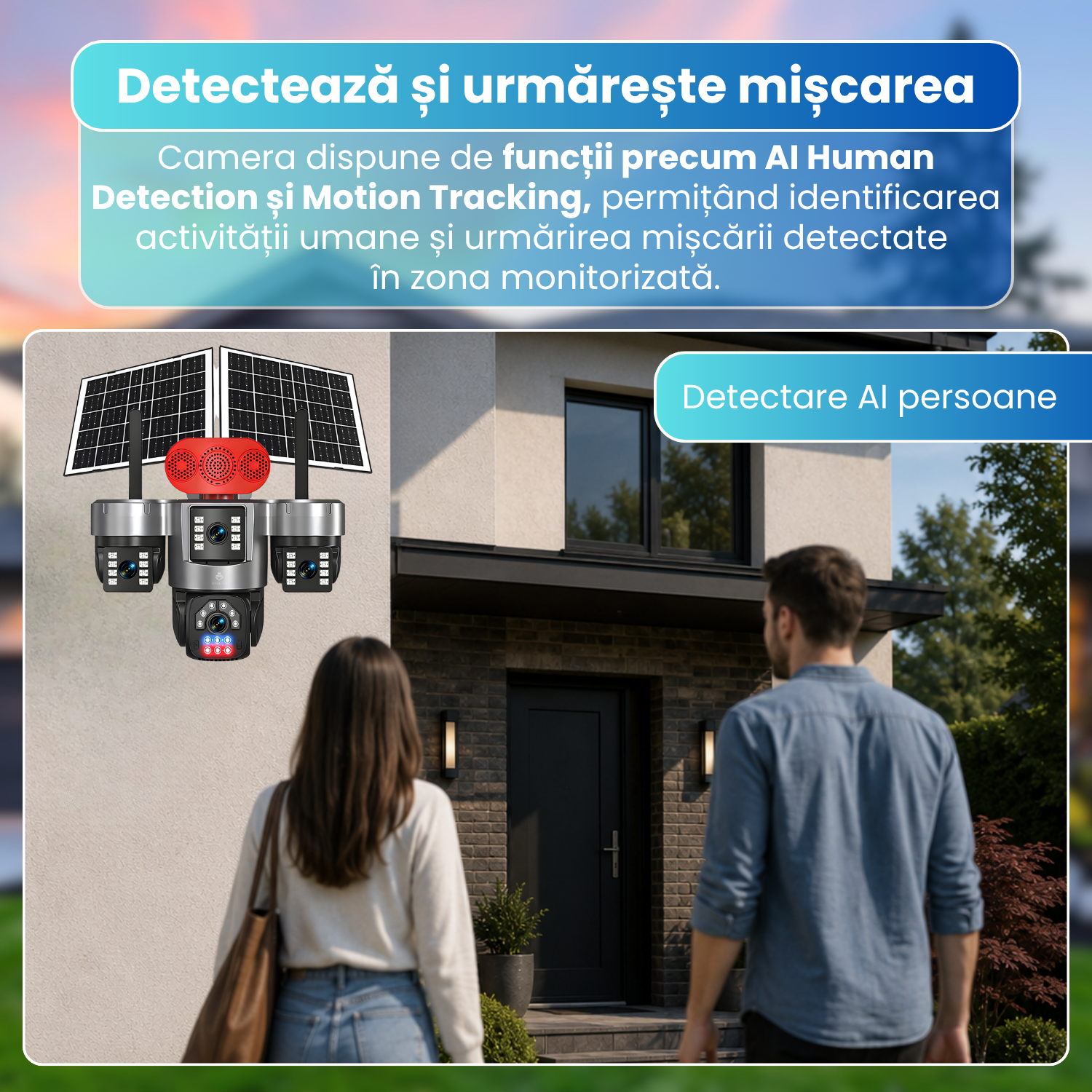 Camera de supraveghere exterior 4G, 4 lentile 20MP, AOV 24/24, PTZ, zoom digital 12X, detectare AI persoane, Motion Tracking, vedere nocturna 4 moduri, alarma luminoasa si sonora, panou solar 15W, baterie 12000mAh, audio bidirectional, negru