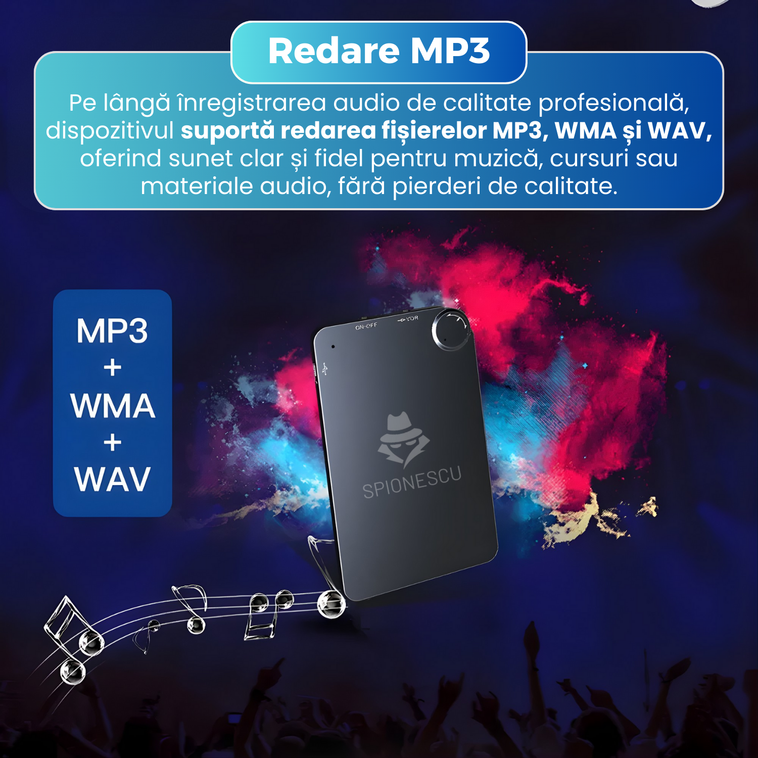 Mini reportofon spion ultra-subtire, Spionescu, activare la sunet si voce, K2, autonomie ridicata, dimensiune card, pana la 150 ore inregistrare, operare cu un singur buton, portabil, functie MP3 Player, negru