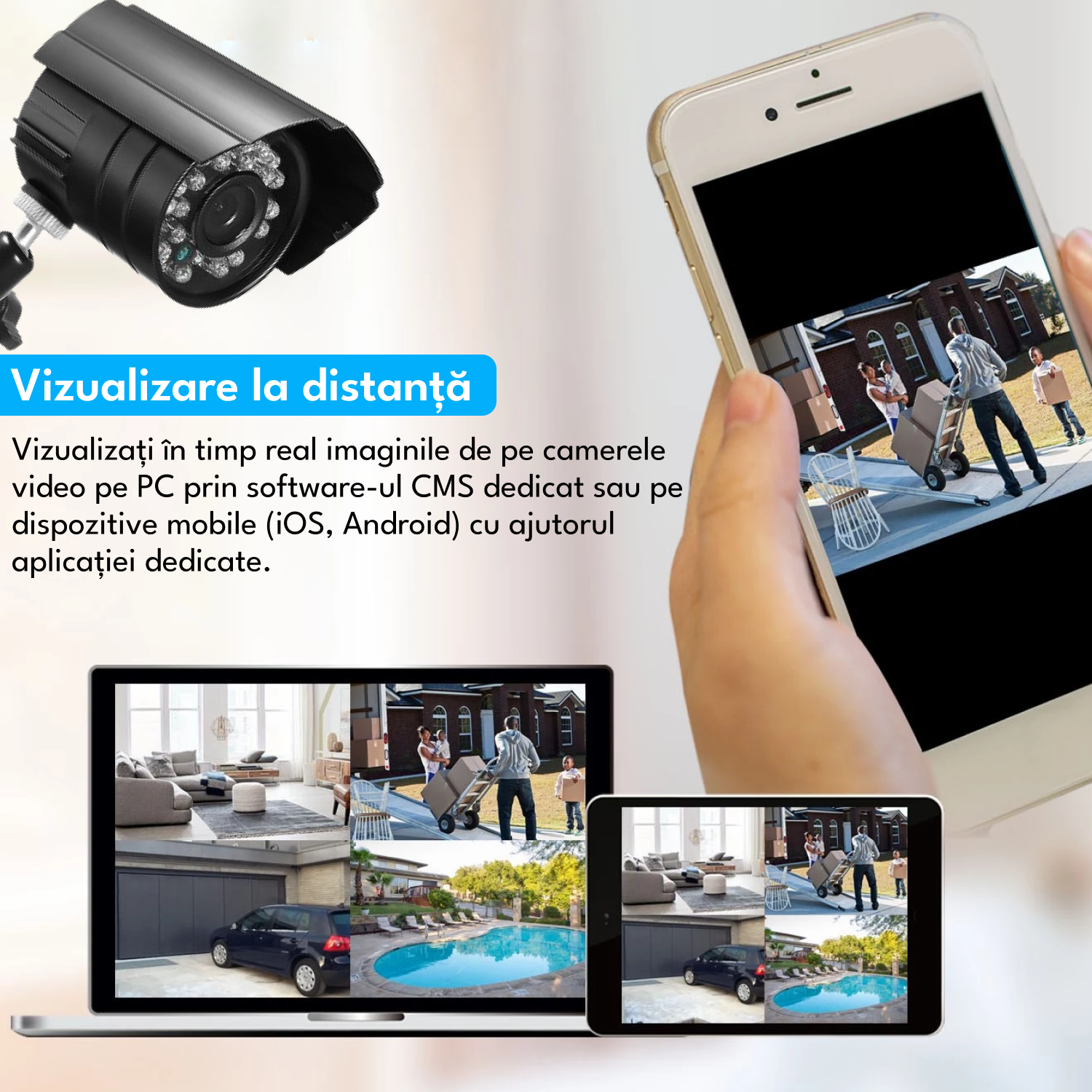 Kit supraveghere video exterior, 8 camere, 2MP, vedere nocturna IR, DVR cu 4 canale, Full HD, IP66, detector de miscare