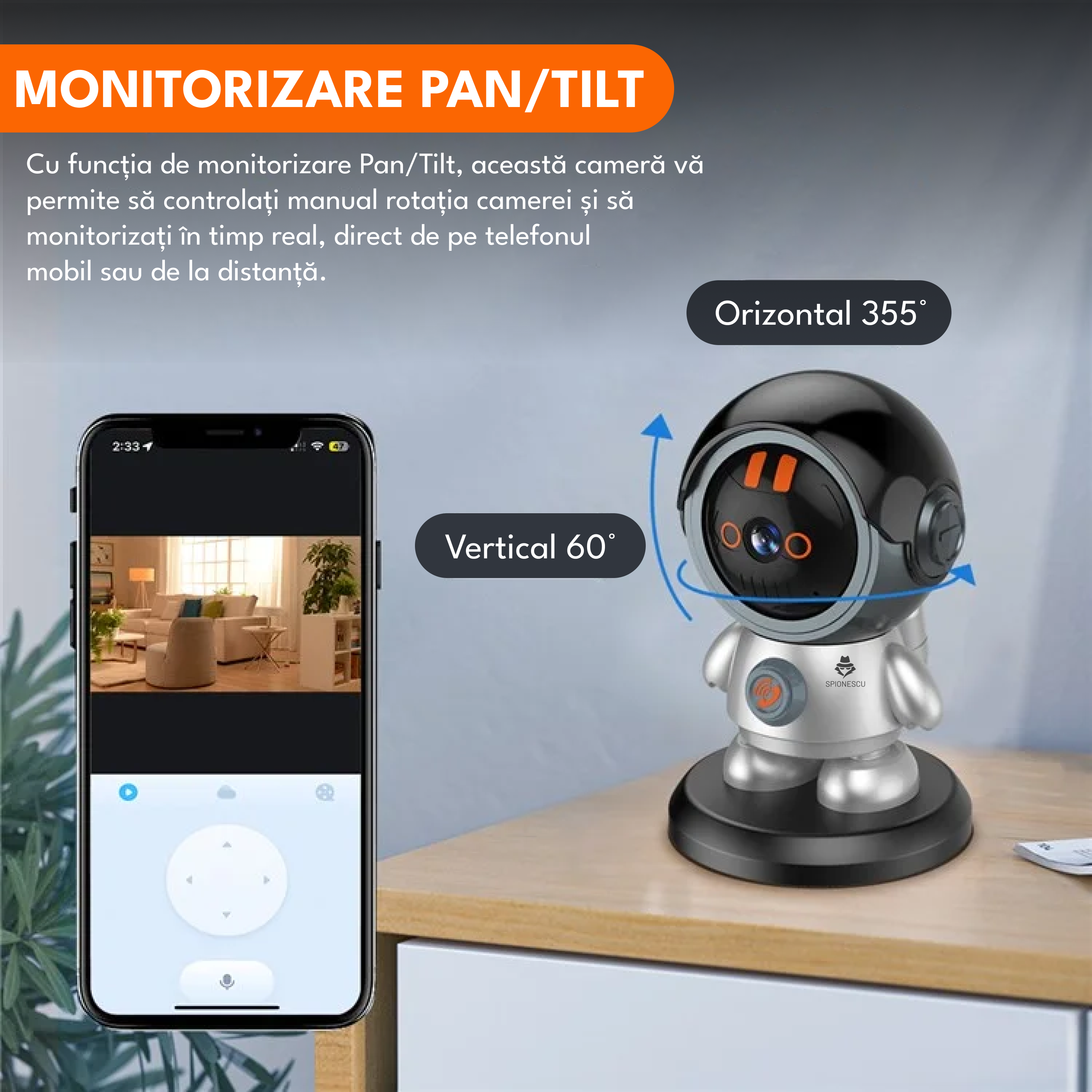 Camera de supraveghere tip robot 2 MP, functie baby monitor, MP3, rotire 360 grade, Full HD 1080P, Wi-Fi, mod noapte, urmarire automata, vorbire birectionala, stocare in cloud
