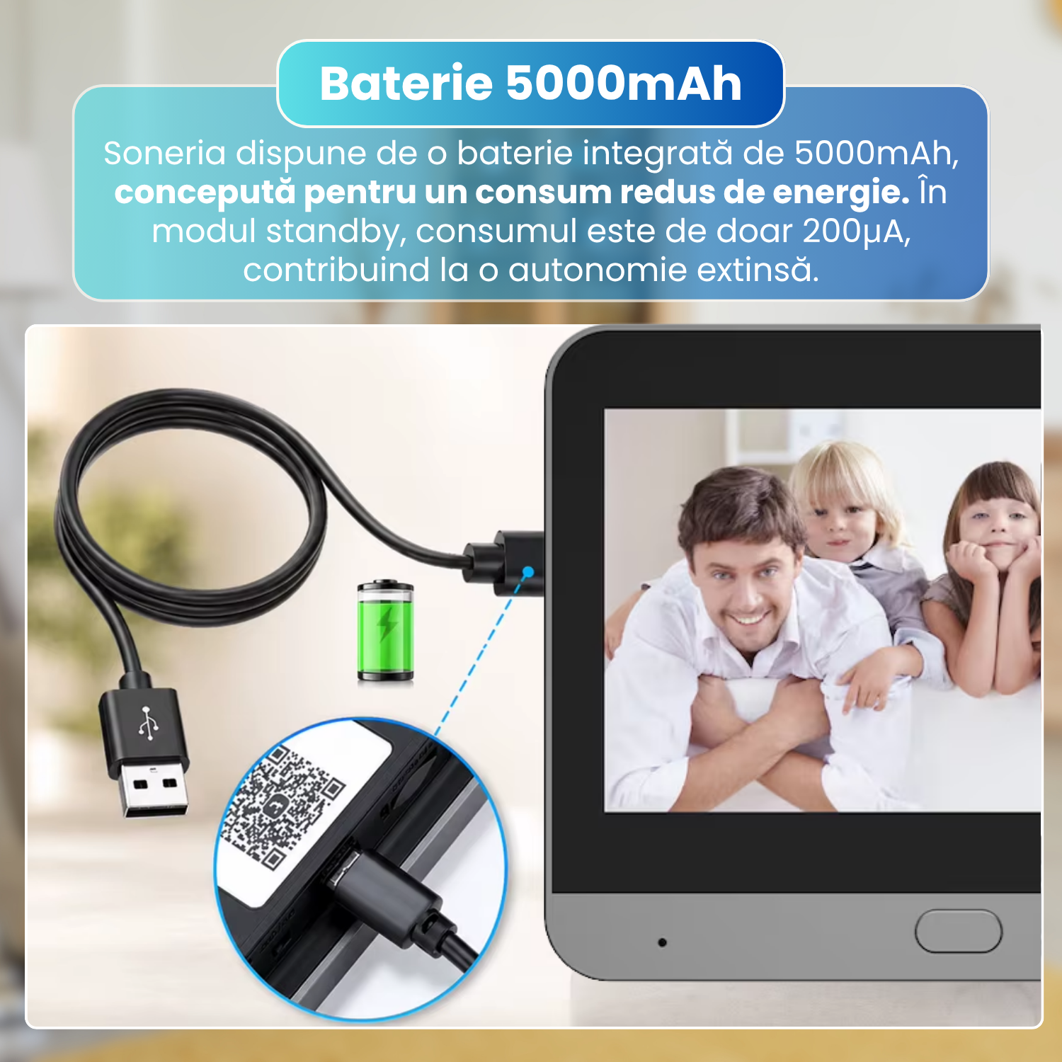 Sonerie video cu vizor digital, camera 2MP Full HD 1080P, ecran LCD 4.3 inch, WiFi 2.4GHz, Tuya Smart, detectare miscare PIR, Night Vision IR, unghi 120°, baterie 5000mAh, Cloud, gri