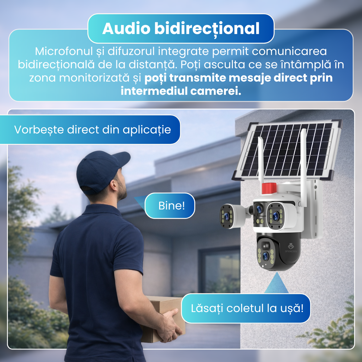 Camera supraveghere exterior 4G cu panou solar, 6MP, 3 lentile, PTZ 340°, detectare PIR, urmarire automata, vedere nocturna color si IR, audio bidirectional, baterie 8000mAh, IP65, alb