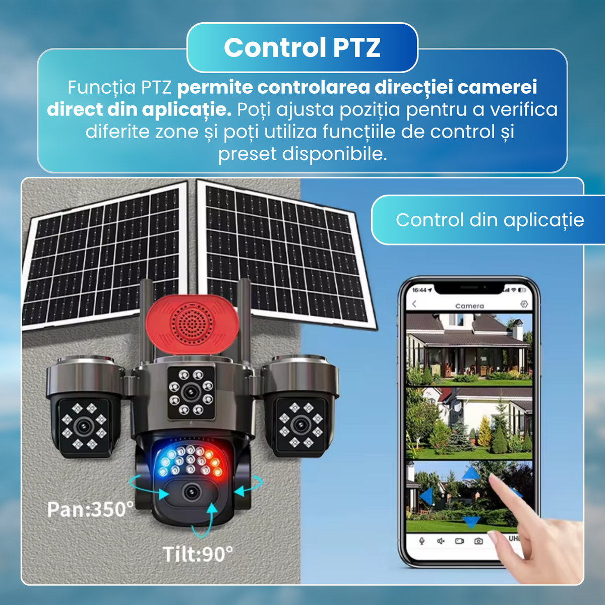 Camera de supraveghere exterior 4G, 4 lentile 20MP, AOV 24/24, PTZ, zoom digital 12X, detectare AI persoane, Motion Tracking, vedere nocturna 4 moduri, alarma luminoasa si sonora, panou solar 15W, baterie 12000mAh, audio bidirectional, negru