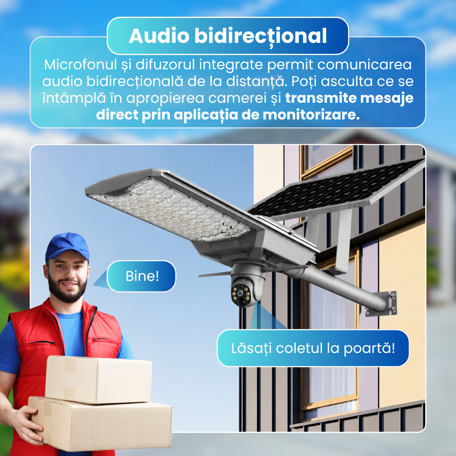 Lampa stradala LED cu camera supraveghere 4G, 4MP, PTZ 340°, urmarire automata, panou solar monocristalin 42W, baterie 42Ah, 78 LED-uri 5054, senzor PIR, vedere nocturna color si IR, audio bidirectional, IP65, gri