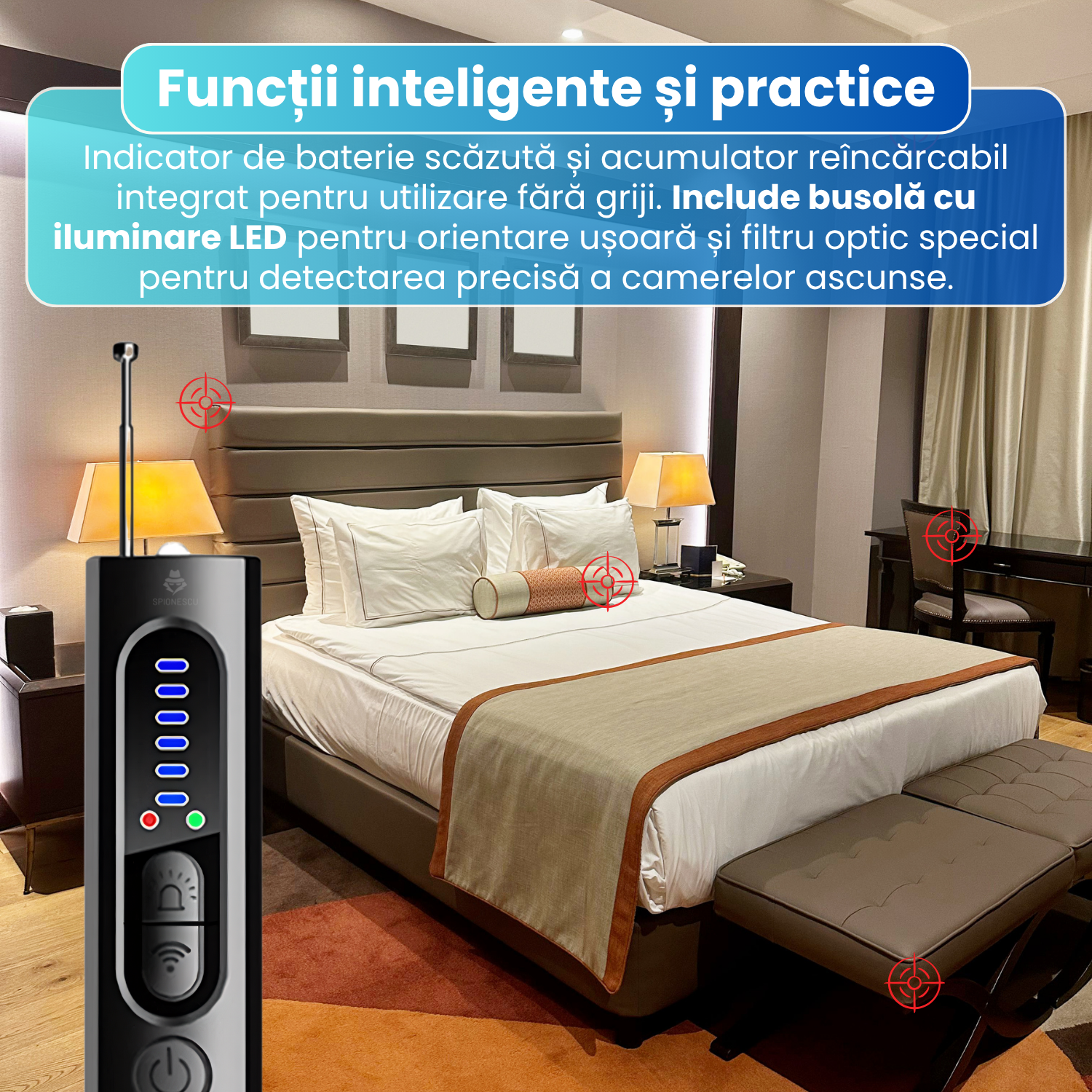 Detector camere ascunse si microfoane X13, detectare GPS, RF 1MHz-6.5GHz, 4 in 1, anti-spionaj, lanterna LED, 400 mAh, sensibilitate ajustabila, baterie reincarcabila, portabil, negru