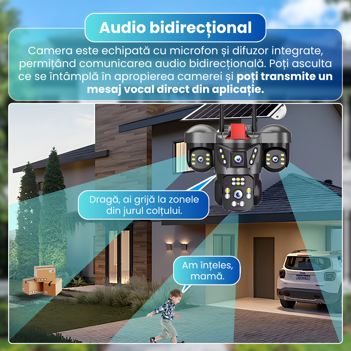 Camera de supraveghere exterior 4G, 3 lentile 12MP, 3 ecrane, AOV 24/7, PTZ, Motion Tracking, detectare AI persoane, vedere nocturna Full Color pana la 15 m, audio bidirectional, panou solar 8W, baterie 8000mAh, negru