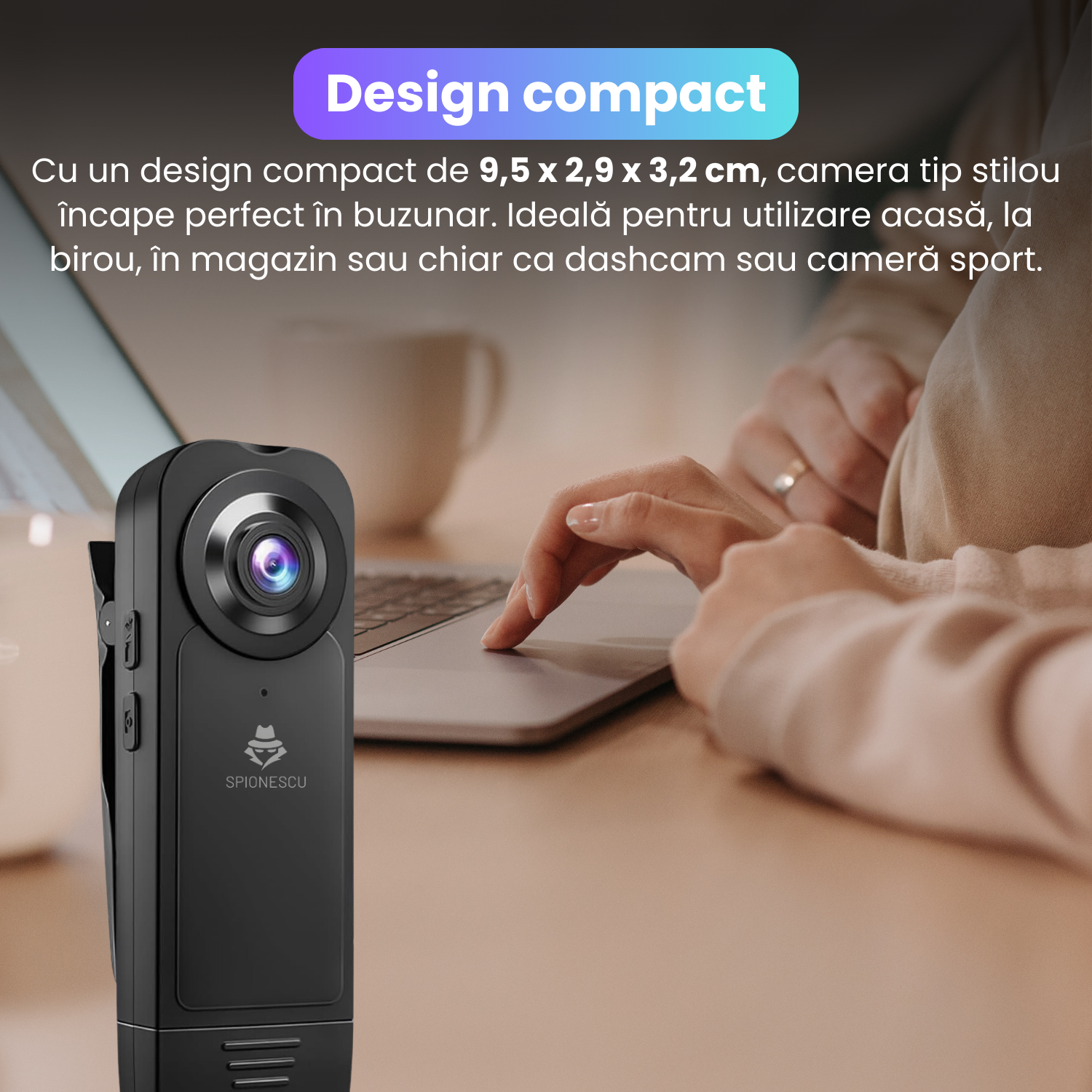 Camera video corporala, body cam 1080P, vedere nocturna, baterie 1000 mAh, unghi larg de 150°, detectare miscare, dimensiuni compacte 9.5x2.9x3.2cm, design portabil, inregistrare discreta