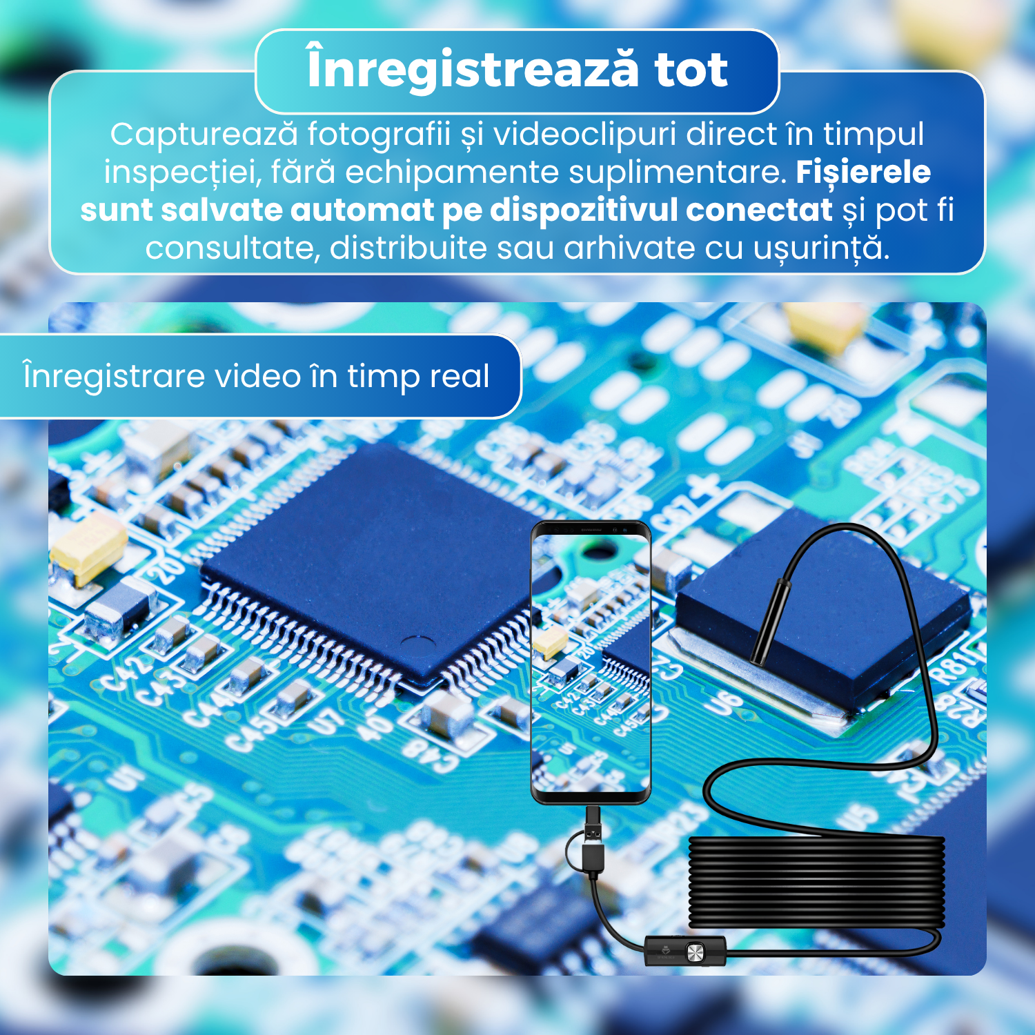 Camera Endoscop Inspectie 8 mm, Cablu Semi-Rigid 1 m, 6 LED-uri Reglabile, IP67, Compatibila Android si Windows, Foto & Video, Negru