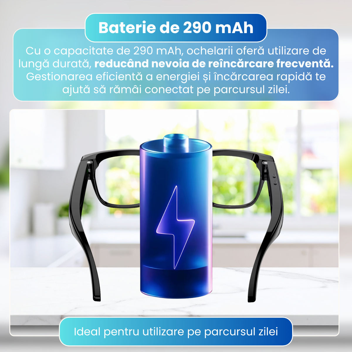 Ochelari inteligenti cu camera 8 MP, traducere AI, audio wireless, microfon integrat, asistenta AI, baterie 290 mAh, rama PC, 40 g, negru