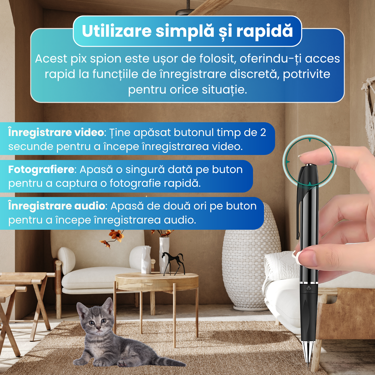 Pix cu camera ascunsa Full HD 1080P — inregistrare video, audio si foto, detectie miscare, autonomie