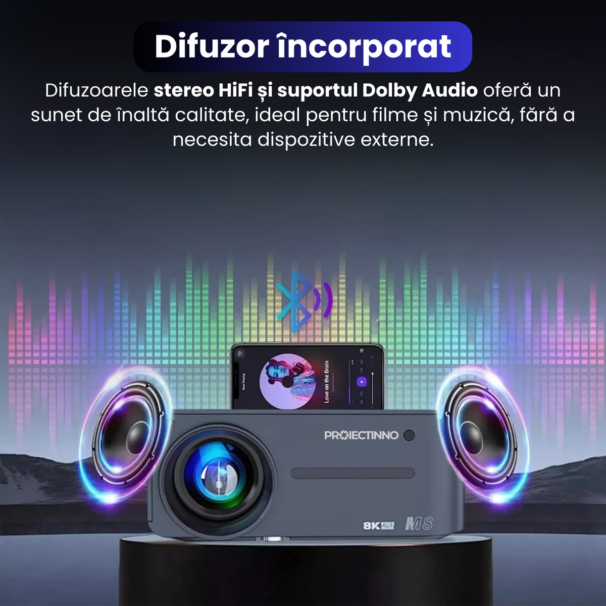 Videoproiector 3D, Full HD 1080p (suport semnal 4K), M8, Proiectinno, 16 GB, Android 9.0, Bluetooth 5.0, WiFi 2.4G/5G, audio Dolby, corectie trapezoidala, 400 ANSI, portabil, negru