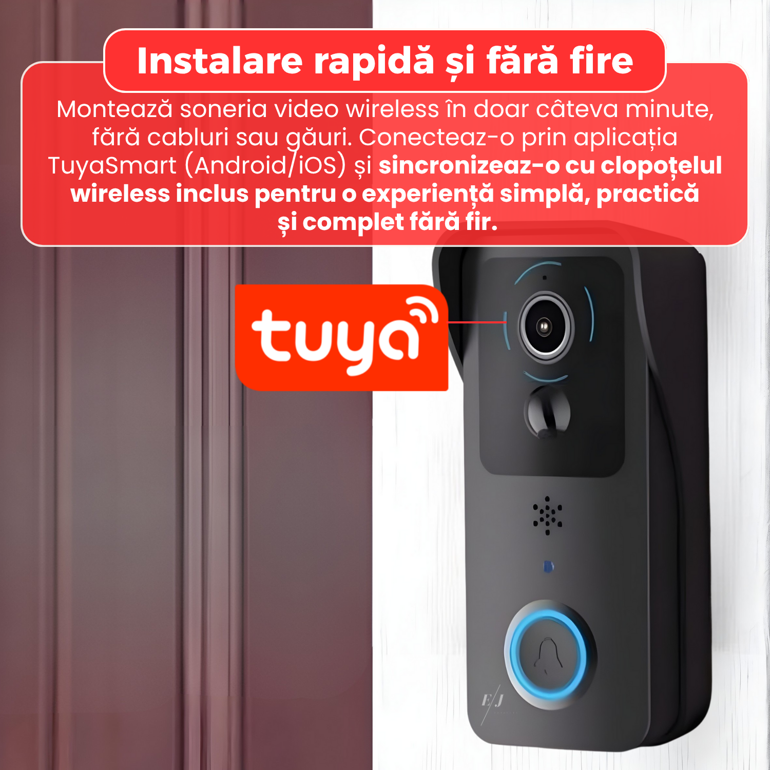 Sonerie video inteligenta WiFi 2.4G/5G, rezistenta la apa IP65, camera HD cu viziune nocturna IR, unghi 166°, detectie miscare PIR, audio bidirectional, compatibila cu aplicatia Tuya Smart, baterie 5200 mAh, negru