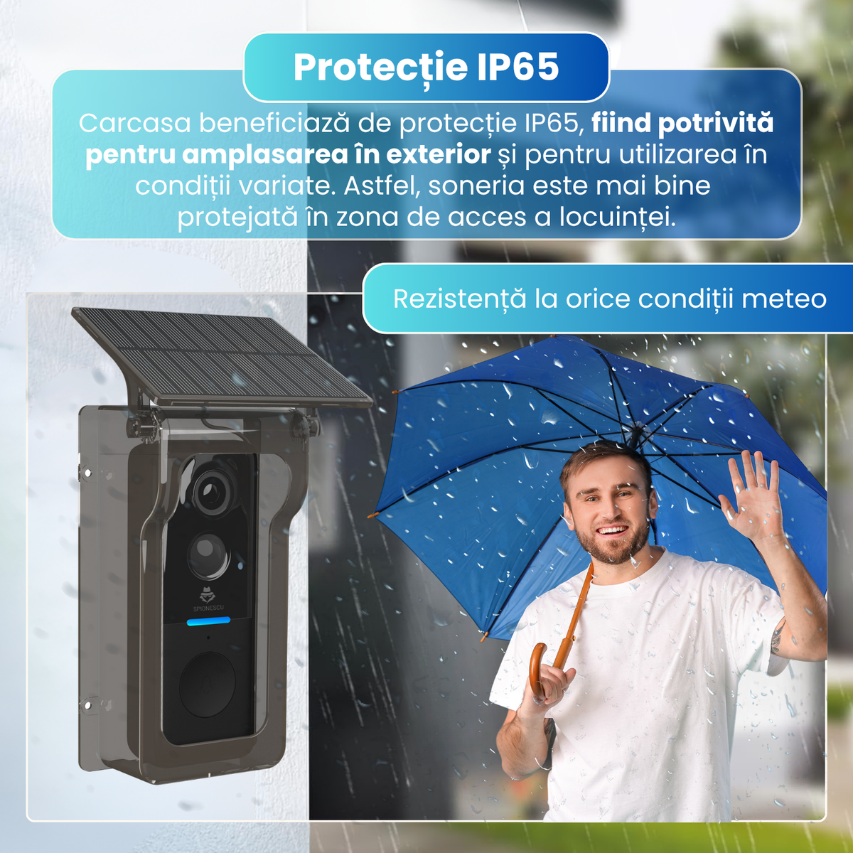 Sonerie video inteligenta wireless cu camera, 2MP, WiFi, Tuya, Full HD 720P, monitorizare live pe telefon, detectare miscare, vedere nocturna IR, interfon video, baterie 4000mAh, incarcare solara, IP65, Chime inclus, negru