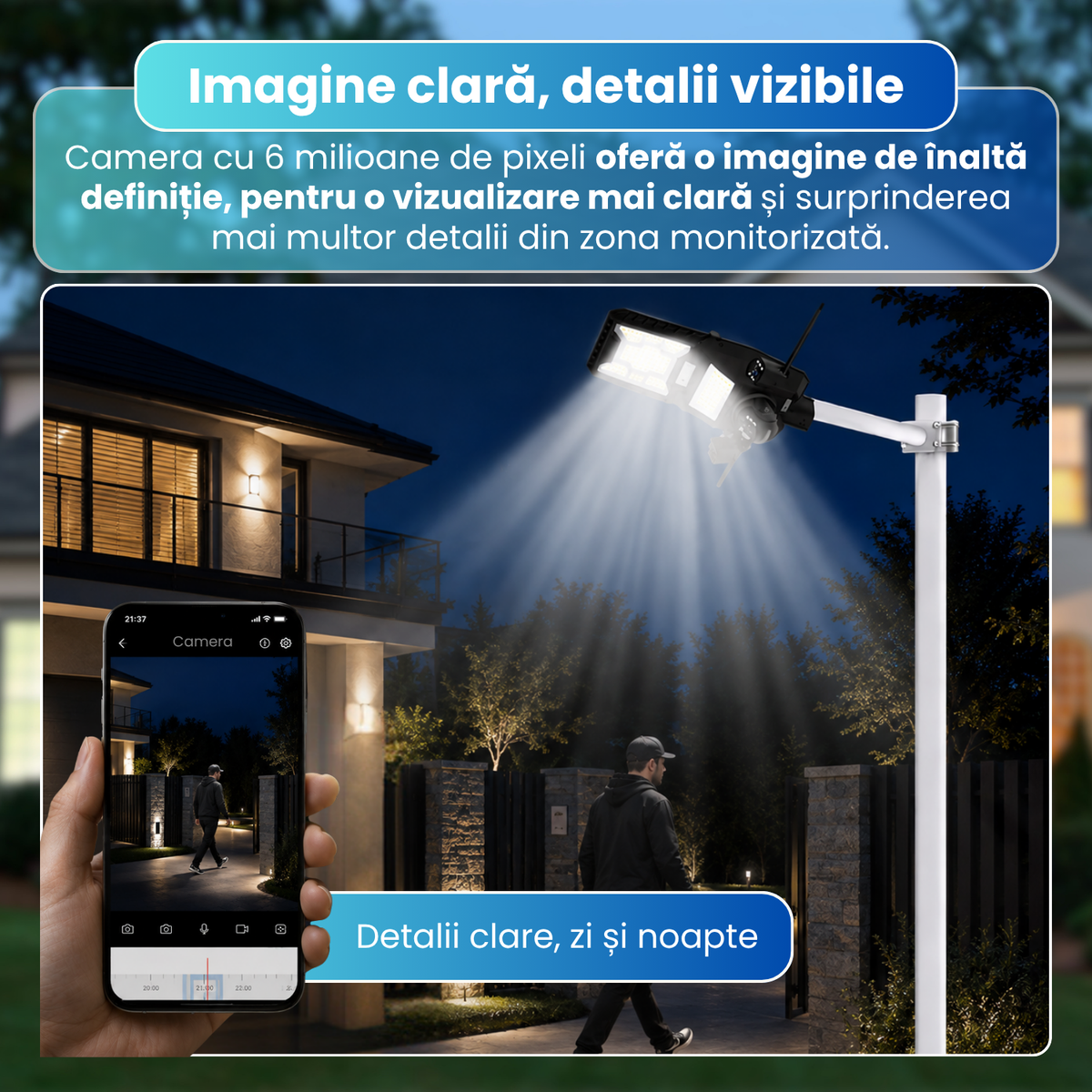Lampa stradala LED cu camera de supraveghere 4G, tripla camera 6MP, 3 lentile, panou solar monocristalin 15W, baterie 18000mAh, 135 LED, detectie PIR, PTZ 340°, vedere nocturna color/IR, audio bidirectional, IP65