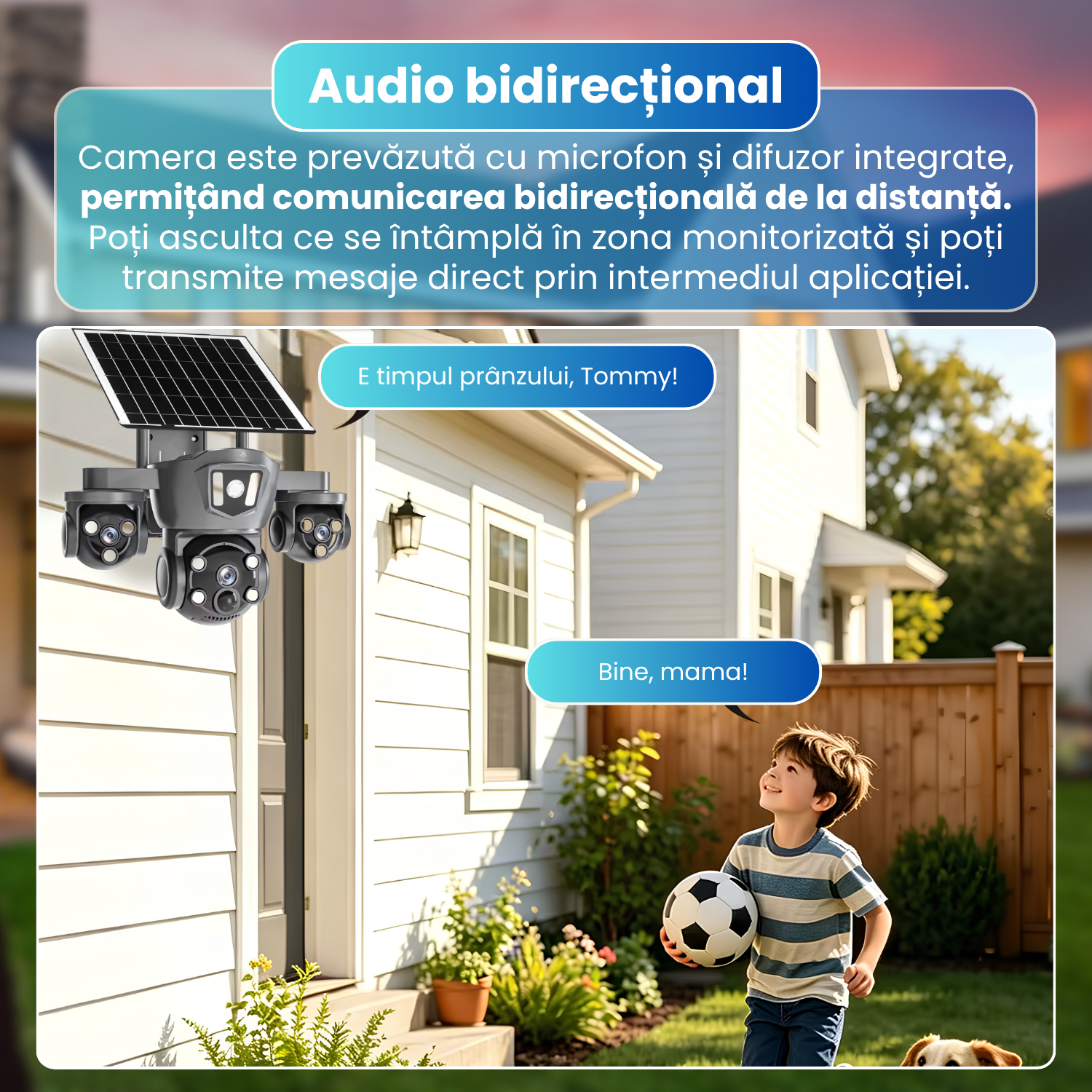 Camera de supraveghere exterior 4G, 3 lentile 6MP, 3 ecrane, PTZ 270°, detectare AI persoane, Motion Tracking, vedere nocturna color, panou solar 8W, baterie 8000mAh, audio bidirectional, negru