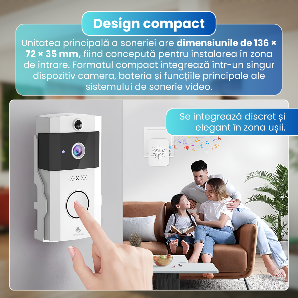 Sonerie video inteligenta wireless, camera HD 1MP, interfon video color, notificari in timp real, audio bidirectional, incarcare solara 0.55W, baterie 3600mA, protectie la ploaie, Chime inclus, alb